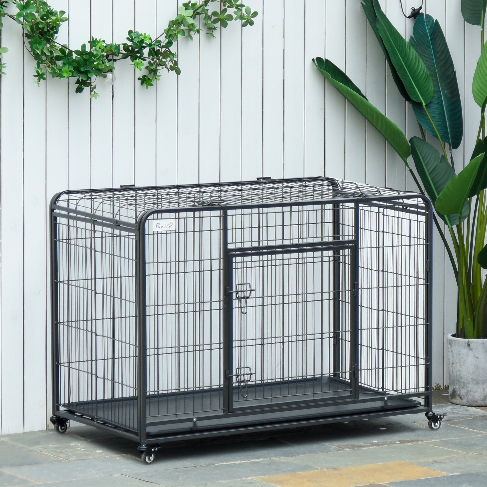 Pawhut Folding Design Heavy Duty Metal Dog Cage Crate & Kennel With Removable Tray And Cover, & 4 Locking Wheels, Indoor Outdoor 37" Dark Grey Metal