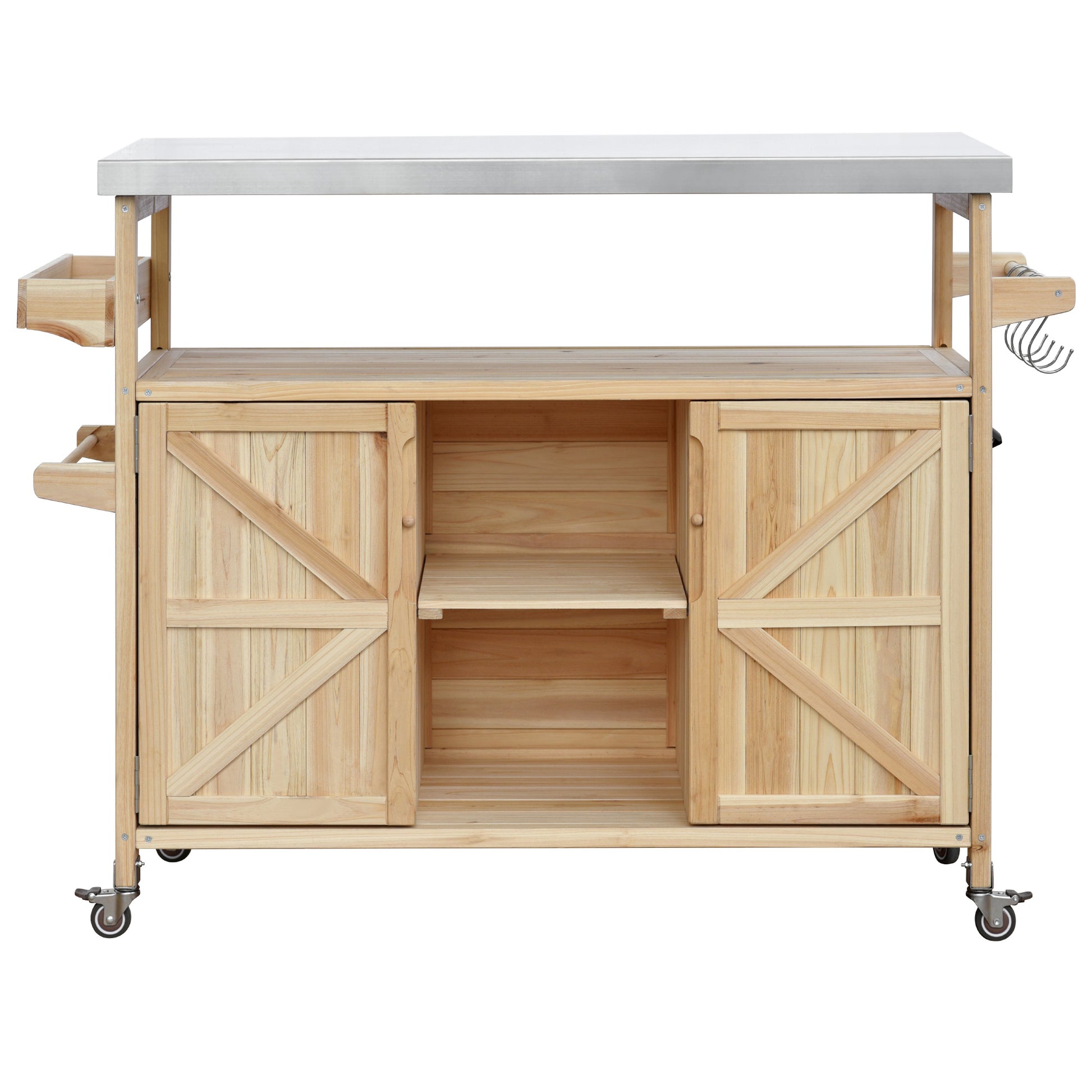 K&K Outdoor Kitchen Island, Rolling Bar Cart & Storage Cabinet, Farmhouse Solid Wood Outdoor Grill Table With Stainless Steel Top, Spice Racktowel Rack For Kitchen & Bbqnatural Natural Garden & Outdoor Classic,Farmhouse,French Country,Luxury,Modern Wood