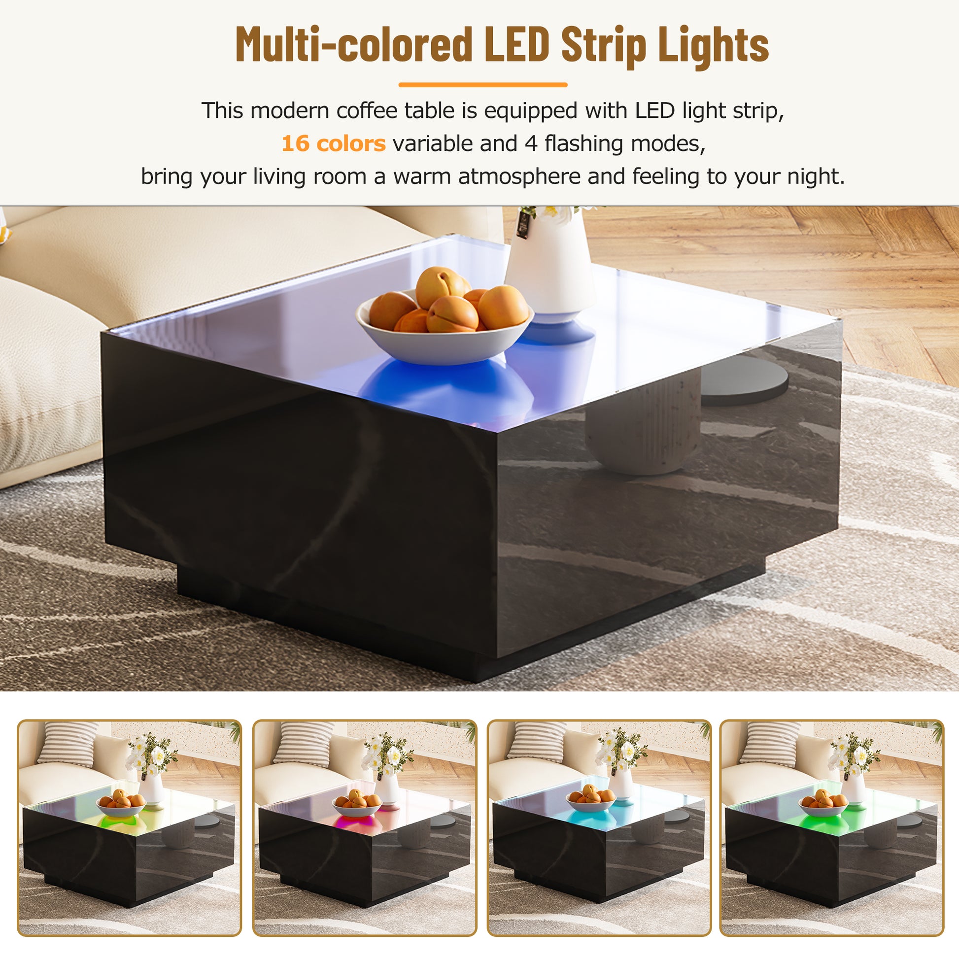 Square High Glossy Coffee Table With 16 Color Led Strip Lights, Modern Center Table With 5Mm Frosted Tempered Glass Top For Living Room, Black, 27.5*27.5In Black Primary Living Space Mdf