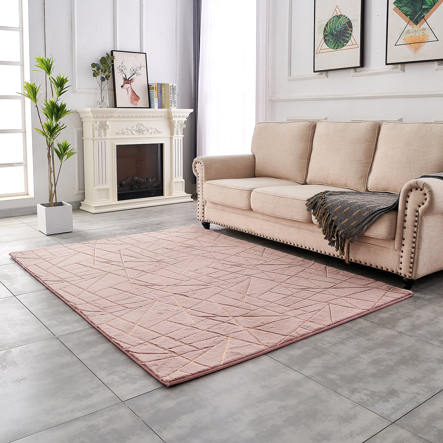 Luxury Machine Washable Dust Pink Geometric Abstract Gold Gilded Chinchilla Faux Fur Area Rug Dusty Rose Polyester