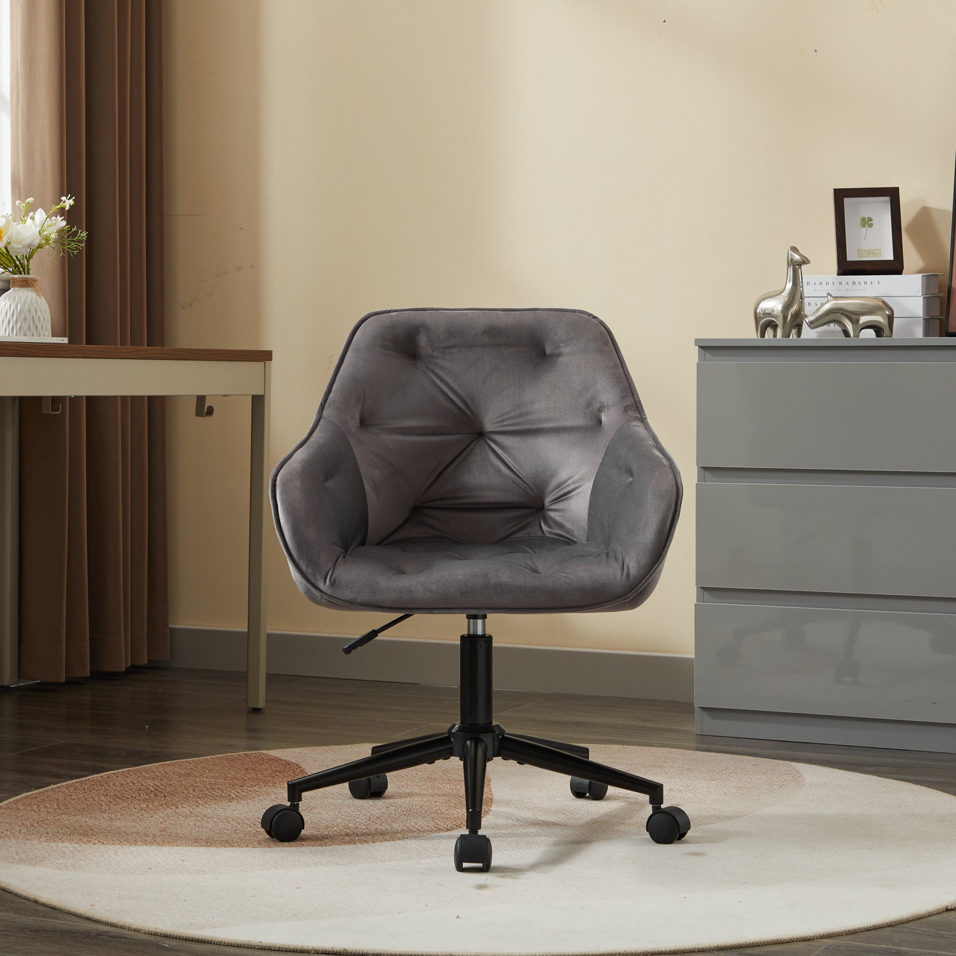 Elegent Velvet Office Chair With Wheels, Makeup Vanity Chair Height Adjustable For Teens Women Girls, Comfy Swivel Modern Leisure Armchair For Home Office, Bedroom, Study And Vanity. Gray Gray Primary Living Space Luxury,Modern Foam Iron