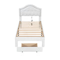 Twin Size Upholstered Platform Bed With Tufted Headboard, Led And A Drawer, White Box Spring Not Required Twin White Wood Faux Leather Upholstered