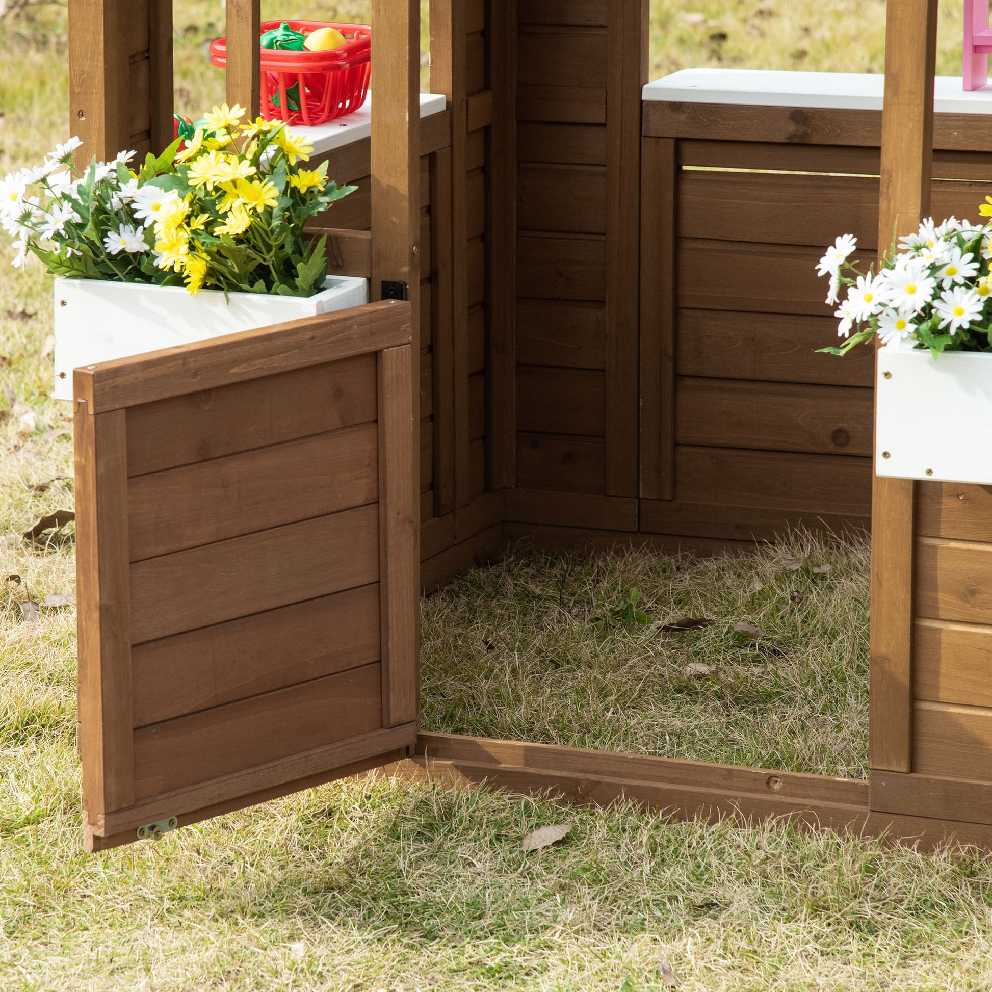 Outsunny Kids Wooden Playhouse, Outdoor Garden Games Cottage, With Working Door, Windows, Flowers Pot Holder, 47" X 38" X 54" Brown Wood