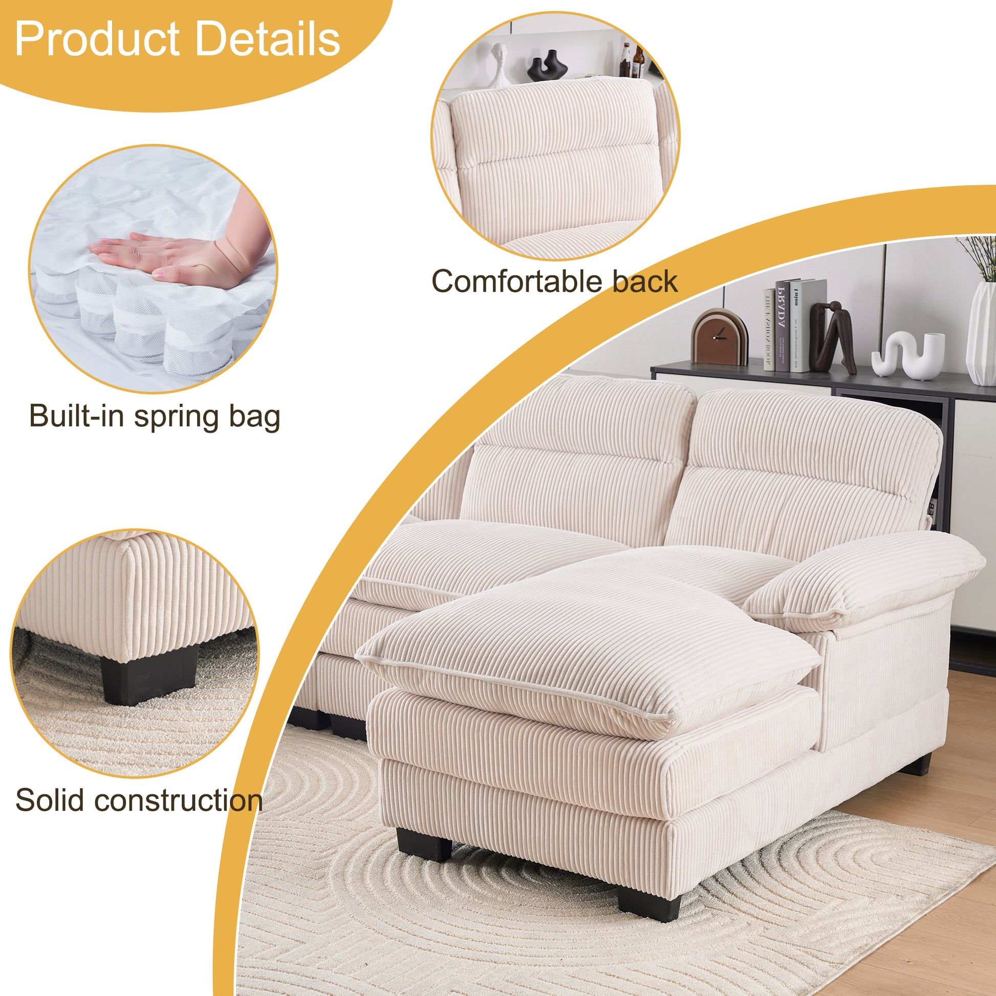 U Shaped Profile Sofa, Including Two Single Seats And Two Chaise, Modular Sofa, Corduroy Sofa White Foam Corduroy 4 Seat