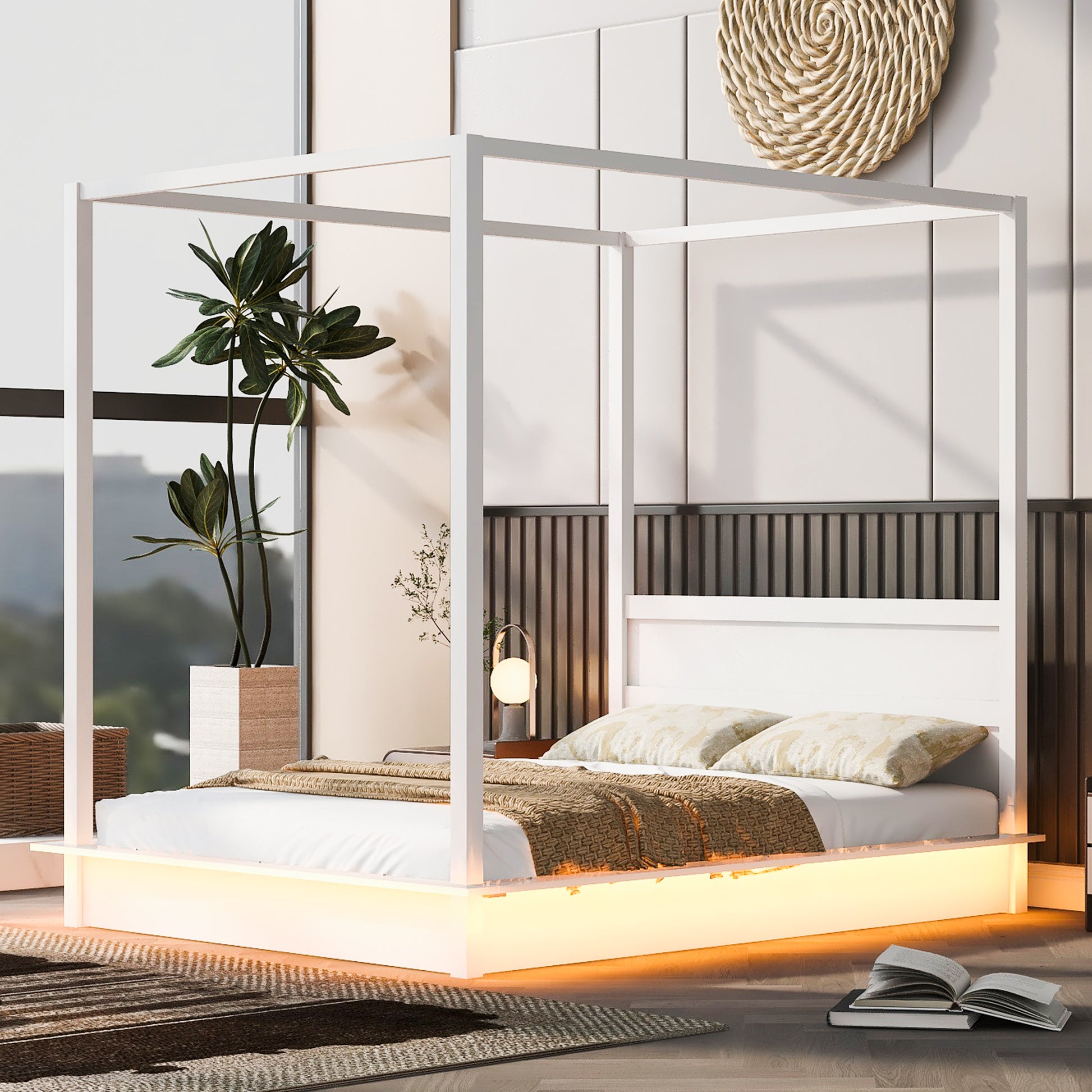 Queen Size Wood Led Canopy Bed ,Canopy Platform Bed With Support Slats, No Box Spring Needed, White Queen White Plywood