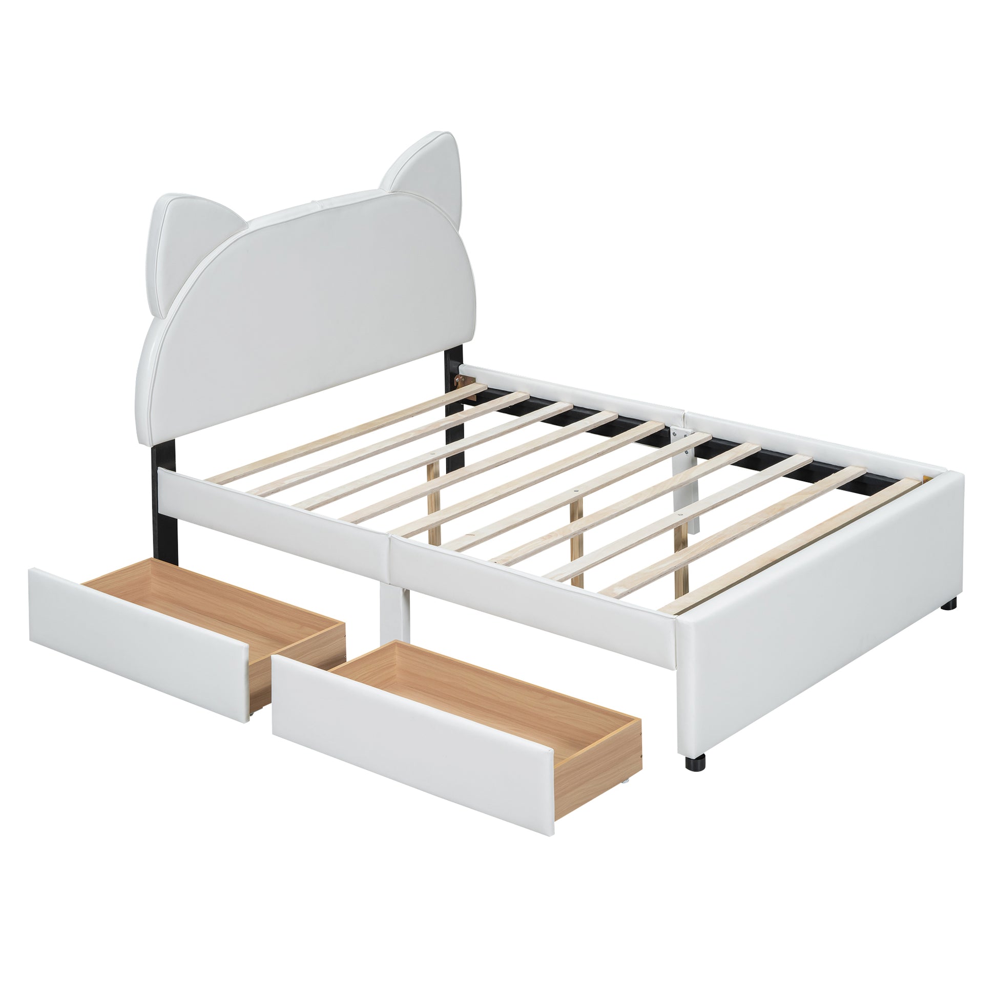 Full Size Upholstered Platform Bed With Cartoon Ears Shaped Headboard And 2 Drawers, White Box Spring Not Required Full White Wood Bedroom Bed Frame Faux Leather Upholstered