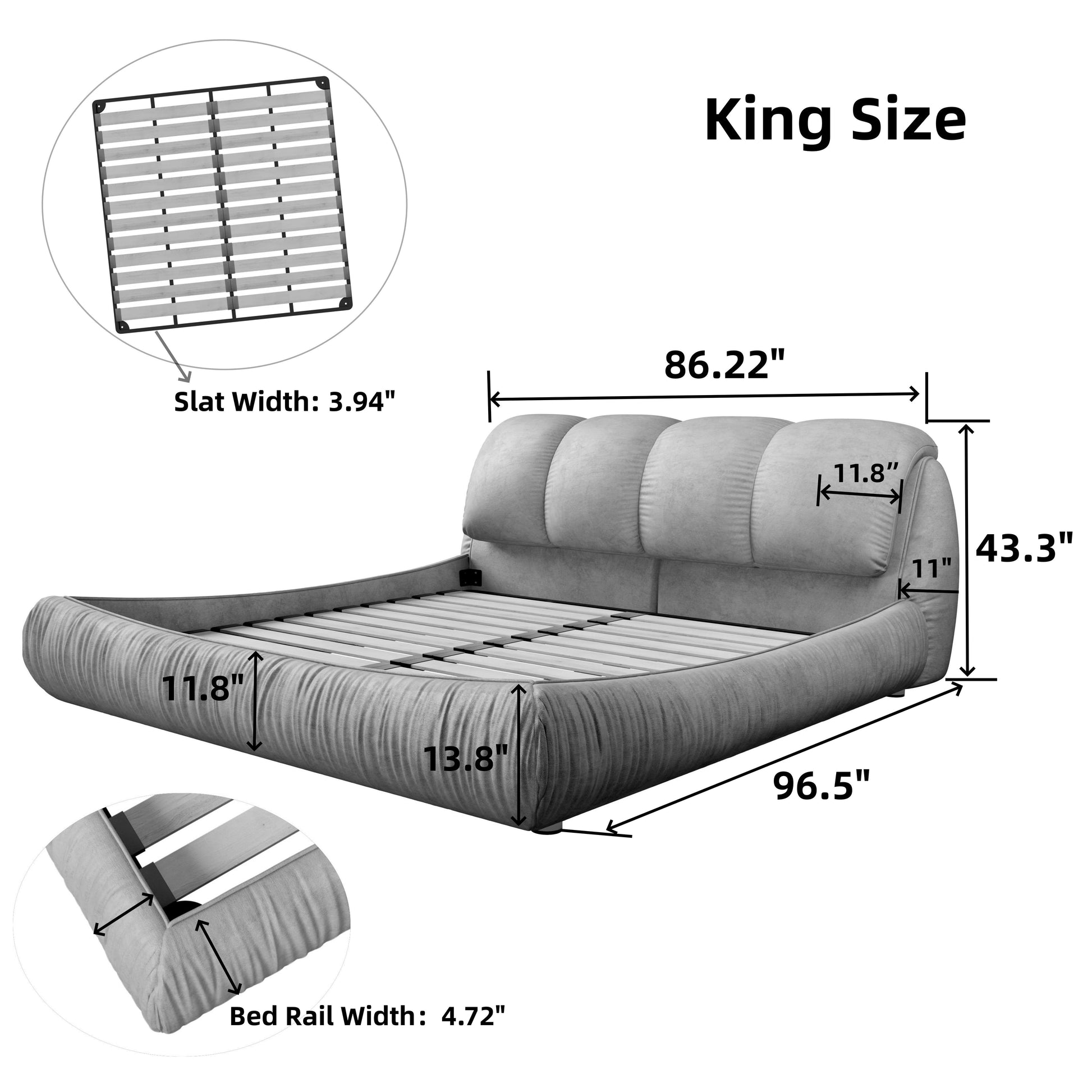 King Size Upholstered Platform Bed With Oversized Padded Backrest, Thickening Pinewooden Slats And Solid Wood Leg,Black Box Spring Not Required King Black Wood Pine Polyester Solid Wood
