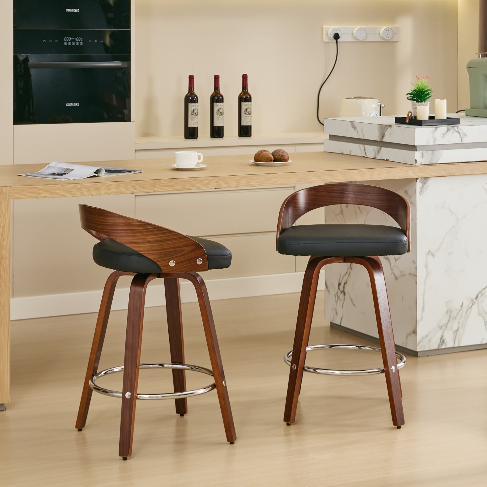 Bar Stools Set Of 2, Swivel Bar Height Stools With Low Back, Wood Bar Chairs With Soft Cushion Seat, 25 Inch Seat Height Black, 25" Counter Height Black Pu American Design,Mid Century Modern Set Of 2 Foam Pu Leather