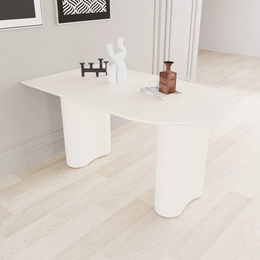 63 "Modern Fashion Mdf Cream Style Coffee Table And Irregular Side Table, 4 8 Person Dining Table, Thick Engineering Wood Round Wave Table Legs, Home Kitchen Thick Elegant Cream White Table Top Cream White Mdf
