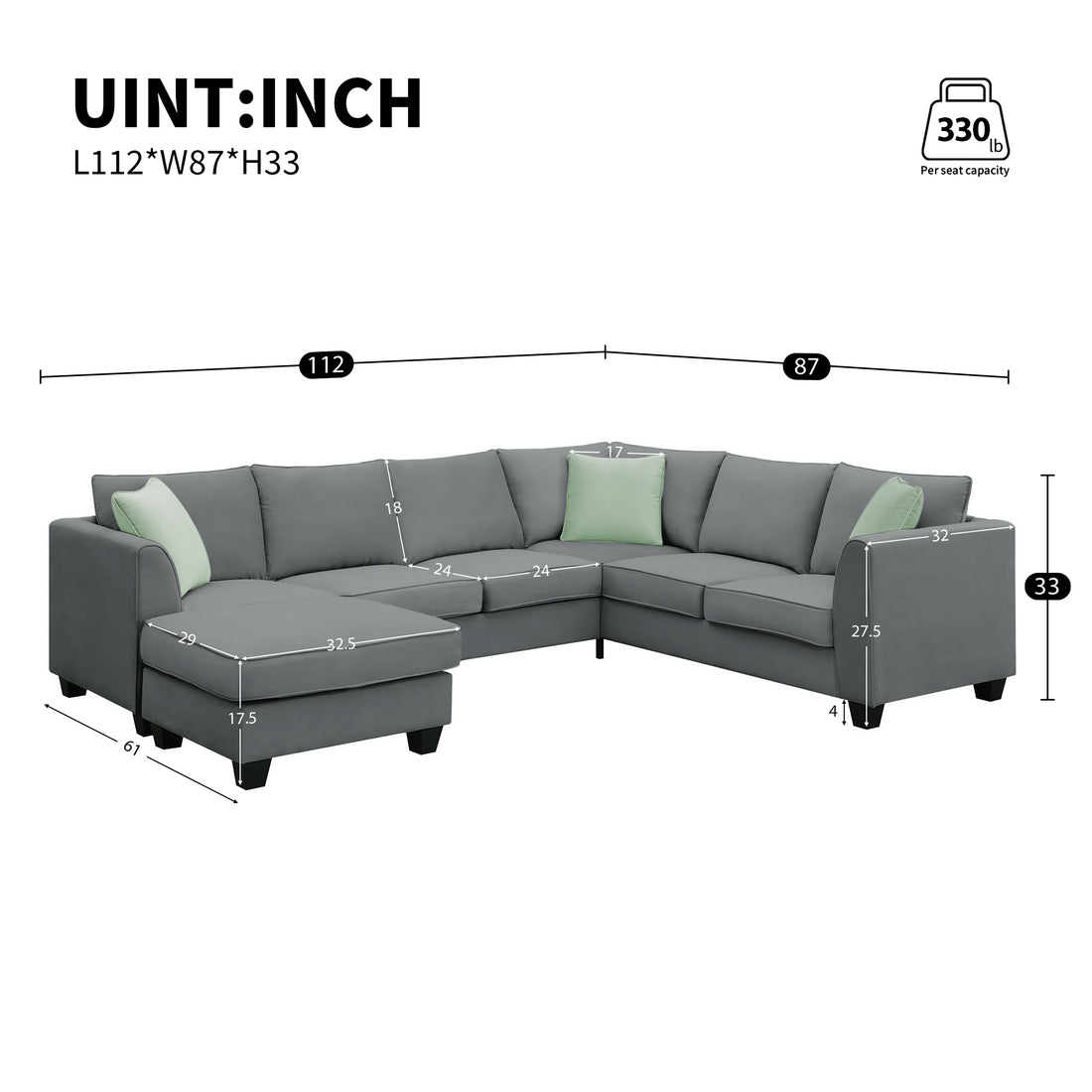 112*87" Sectional Sofa Couches Living Room Sets, 7 Seats Modular Sectional Sofa With Ottoman, L Shape Fabric Sofa Corner Couch Set With 3 Pillows, Grey Of Gs008210Aag Grey Fabric 8 Seat