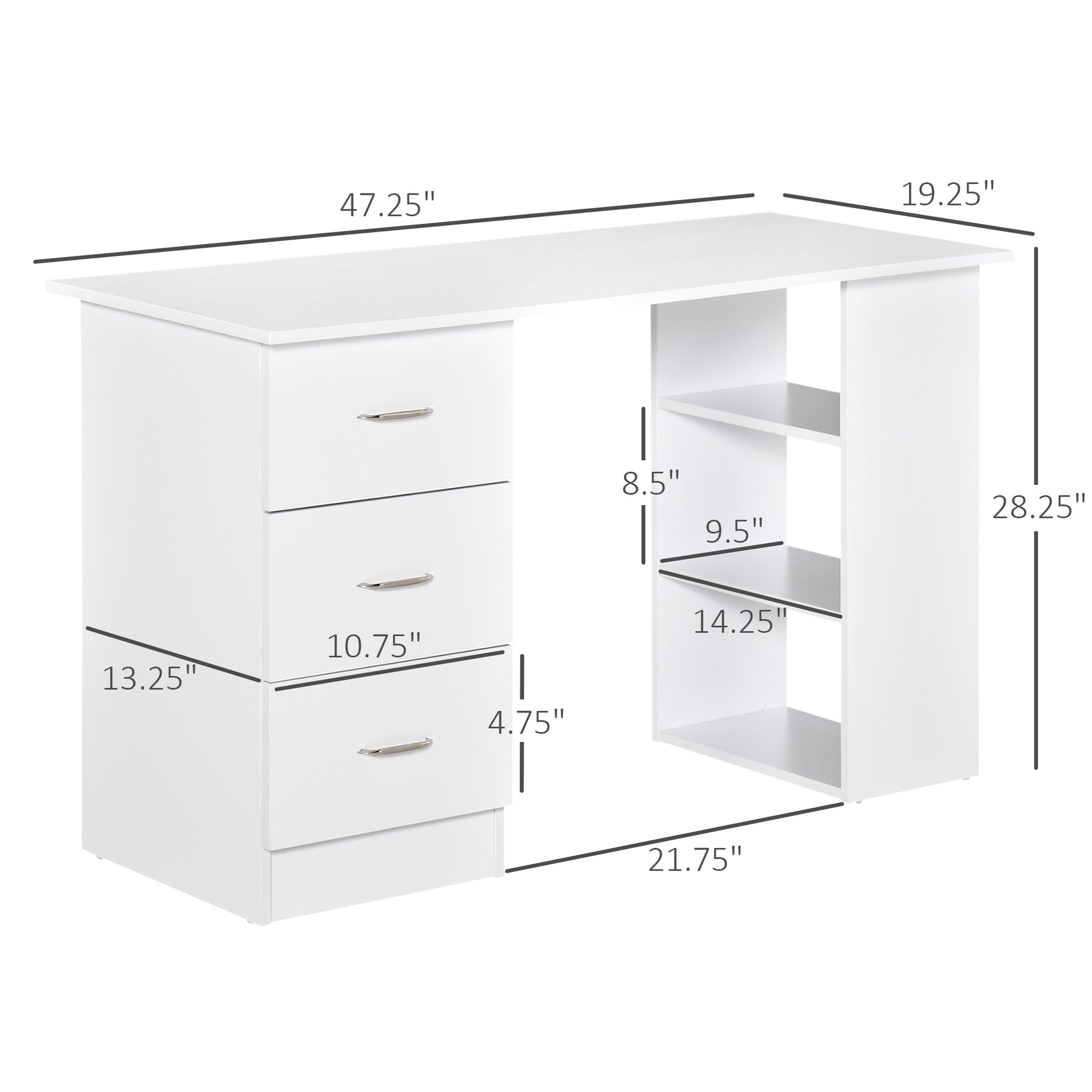 Homcom 47" Modern Home Office Computer Desk Bookcase Combo Writing Table Workstation With 3 Drawer And Storage Shelf White White Mdf