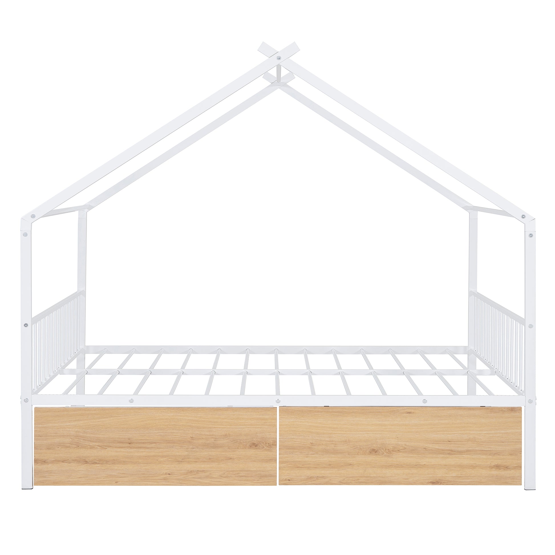 Full Size Metal House Bed With Two Drawers, White Full White Metal