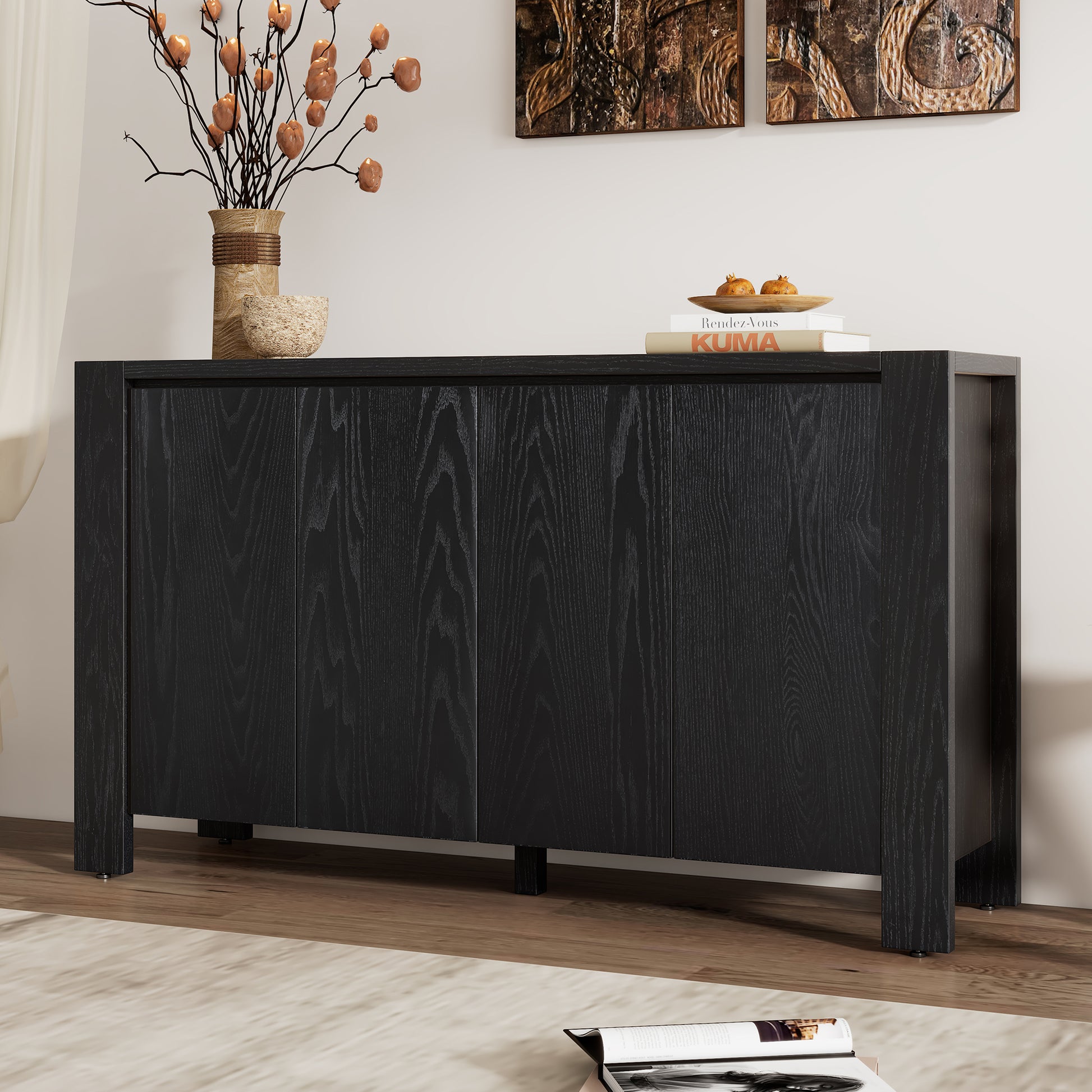 Retro 4 Door Sideboard With Distressed Finish And Adjustable Shelves For Dining Room, Kitchen, And Living Room Black Black Mdf,Rubber Wood