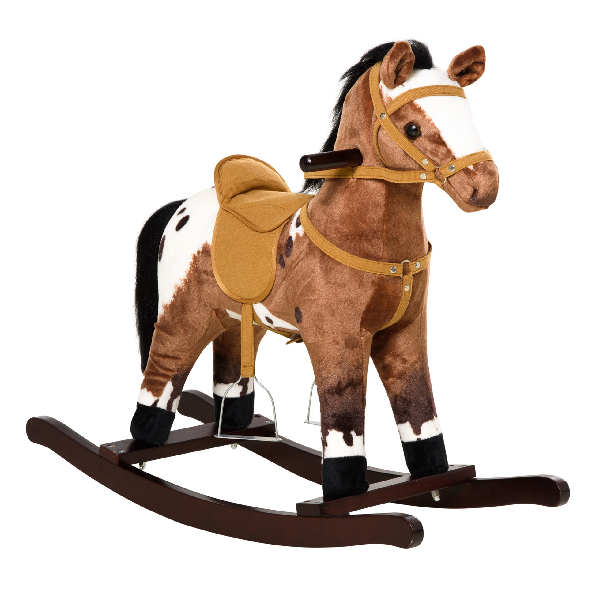 Qaba Kids Metal Plush Ride On Rocking Horse Chair Toy With Realistic Sounds Dark Brown White Dark Brown Plush