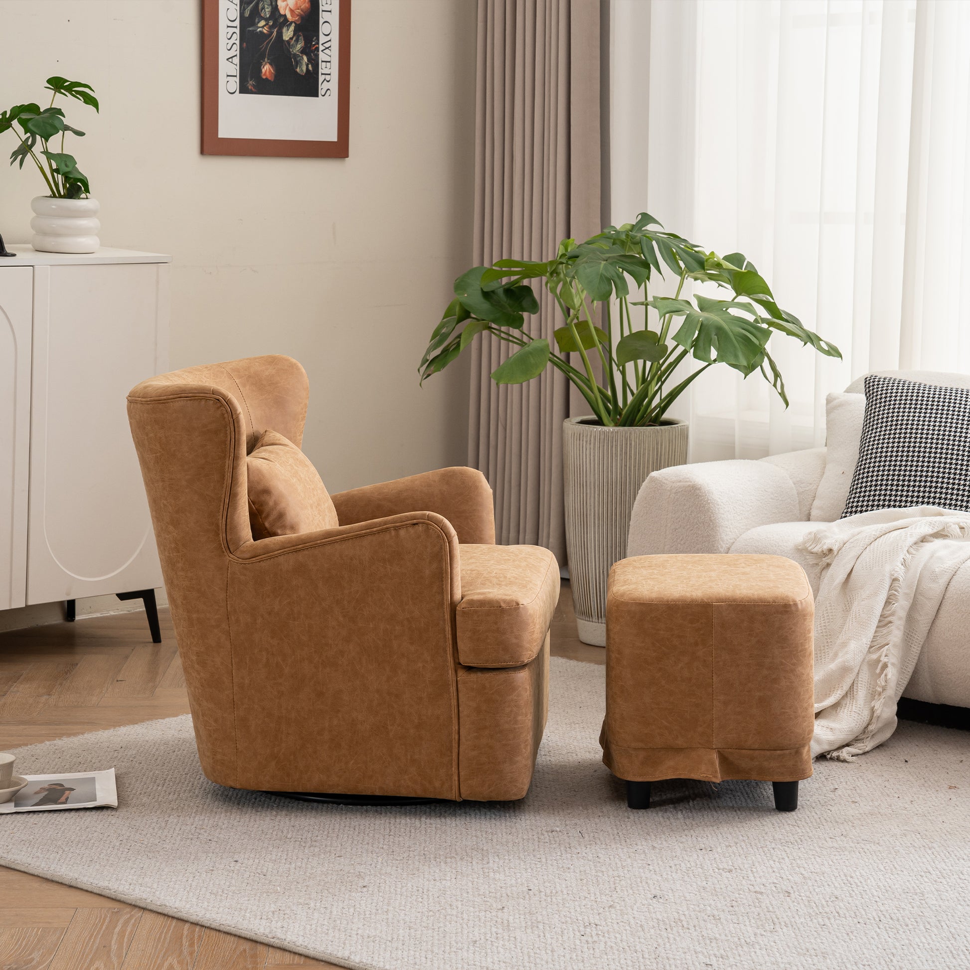 Synthetic Leather Upholstered Swivel Chair, 360 Swivel Comfort Round Armchair, Single Sofa Chair With Lounge Seat For Bedroom Office Reading Space, Set Of 1 ,Brown Yellow Brown Yellow Wood