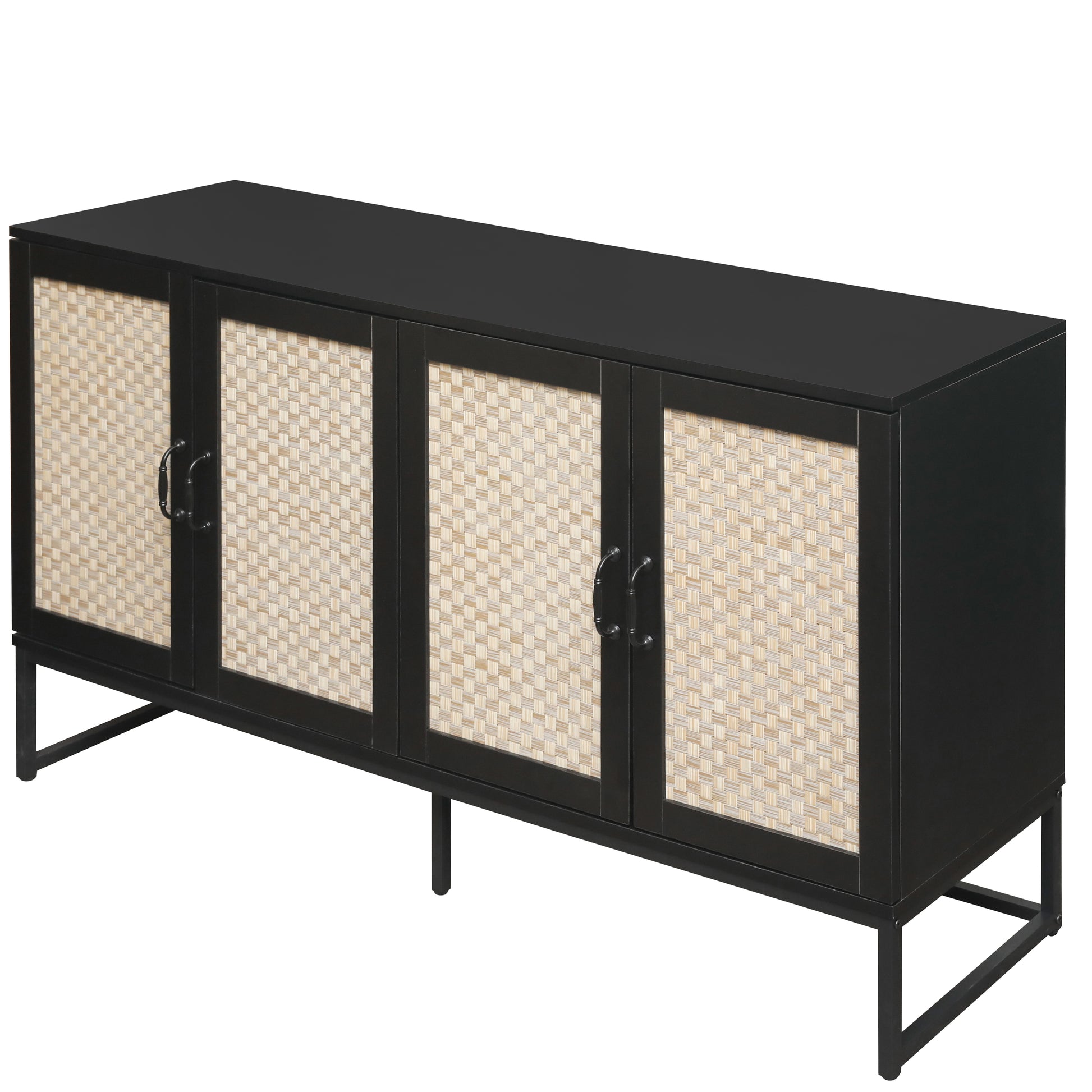 Rattan 4 Door Sideboardsideboard Buffet Storage Cabinet,Accent Storage Cabinetlarge Cabinet With 4 Rattan Decorated Doors For Living Room Dining Room Black Modern Particle Board Mdf