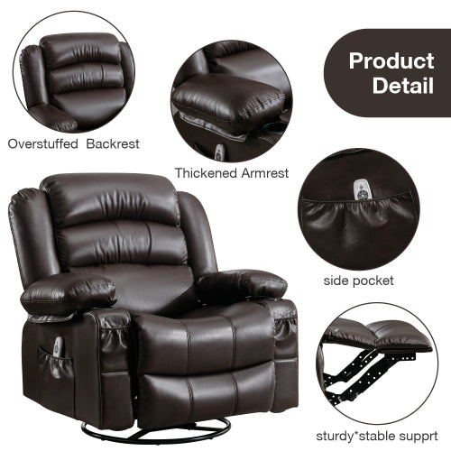 Massage Swivel Rocker Recliner Chair With Vibration Massage And Heat Ergonomic Lounge Chair For Living Room With Rocking Function And Side Pocket 2 Cup Holders Usb Charge Port Brown Faux Leather Manual Handle Metal Soft Heavy Duty Push Button Foam Pu