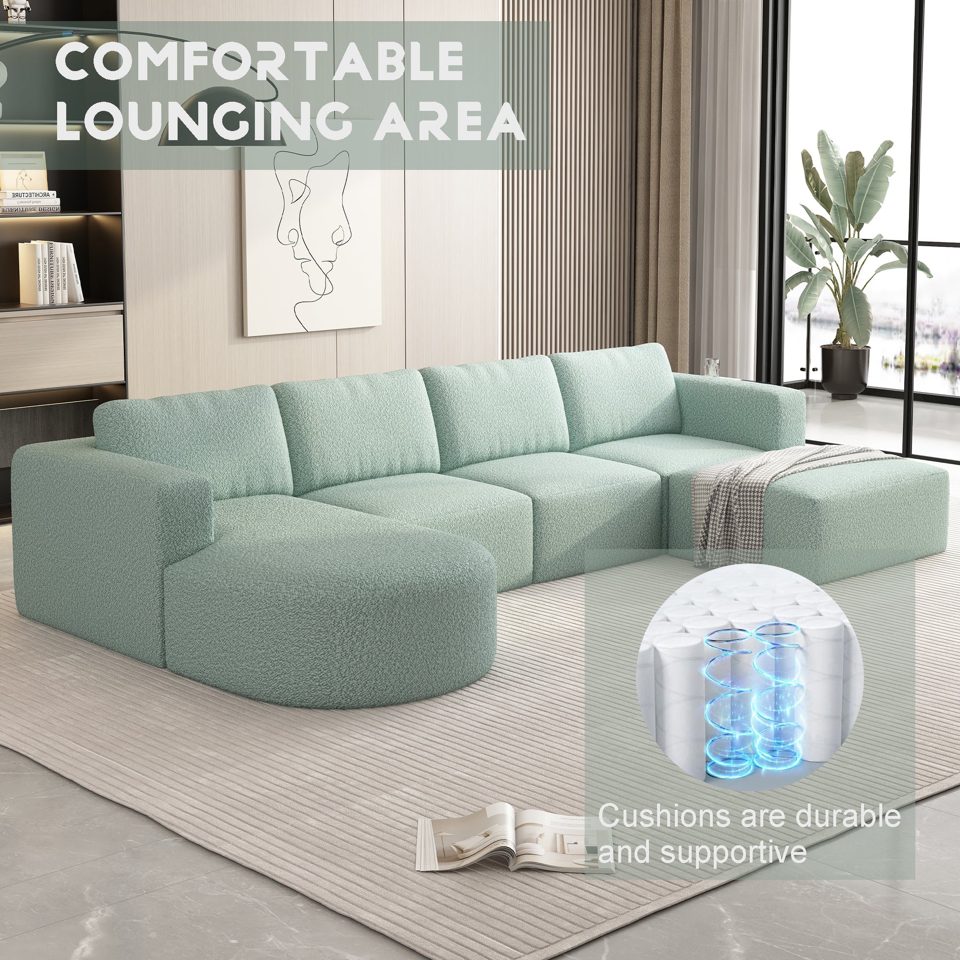 104.32*70.86 Modular Sectional Sofa Sleeper Couch, Sectional Sofa With Chaise And Ottoman, Convertible U Shaped Modular Sofa Set. Compressed Spon, Light Green Combo A B C D Light Green Primary Living Space Soft Minimalist,Modern Foam Spring 5 Seat