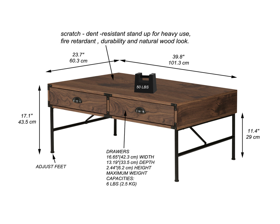 Coffee Table "Chic Walnut Coffee Table With Drawers And Sleek Metal Frame For Modern Living Spaces" Walnut Solid Wood