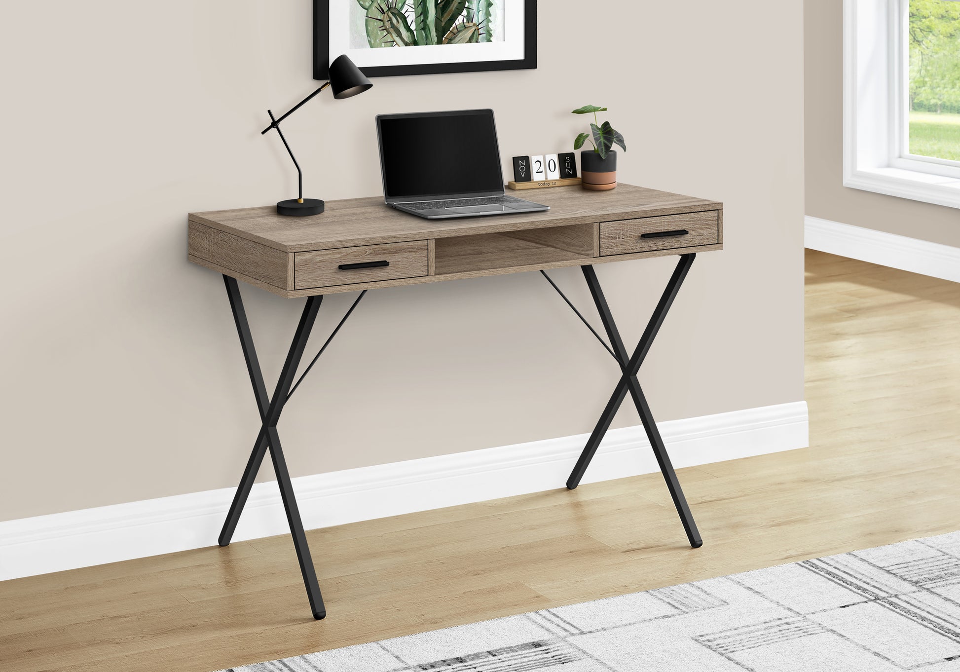 Computer Desk, Home Office, Laptop, Left, Right Set Up, Storage Drawers, 42"L, Work, Brown Laminate, Black Metal, Contemporary, Modern Taupe Particle Board