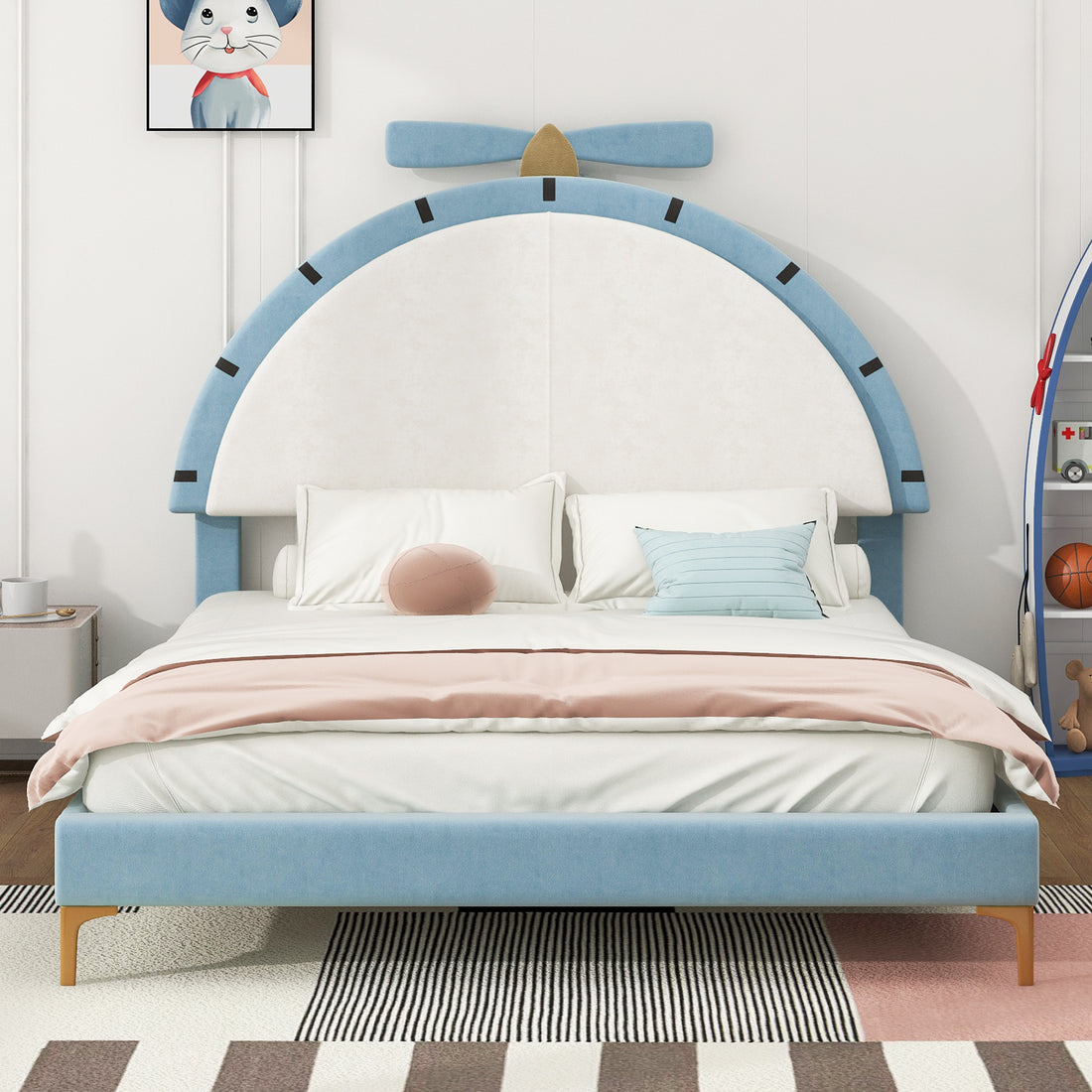 Full Size Upholstered Platform Bed With Alarm Clock Shaped Headboard, Blue Box Spring Not Required Full Blue Wood Bedroom Bed Frame Velvet Upholstered