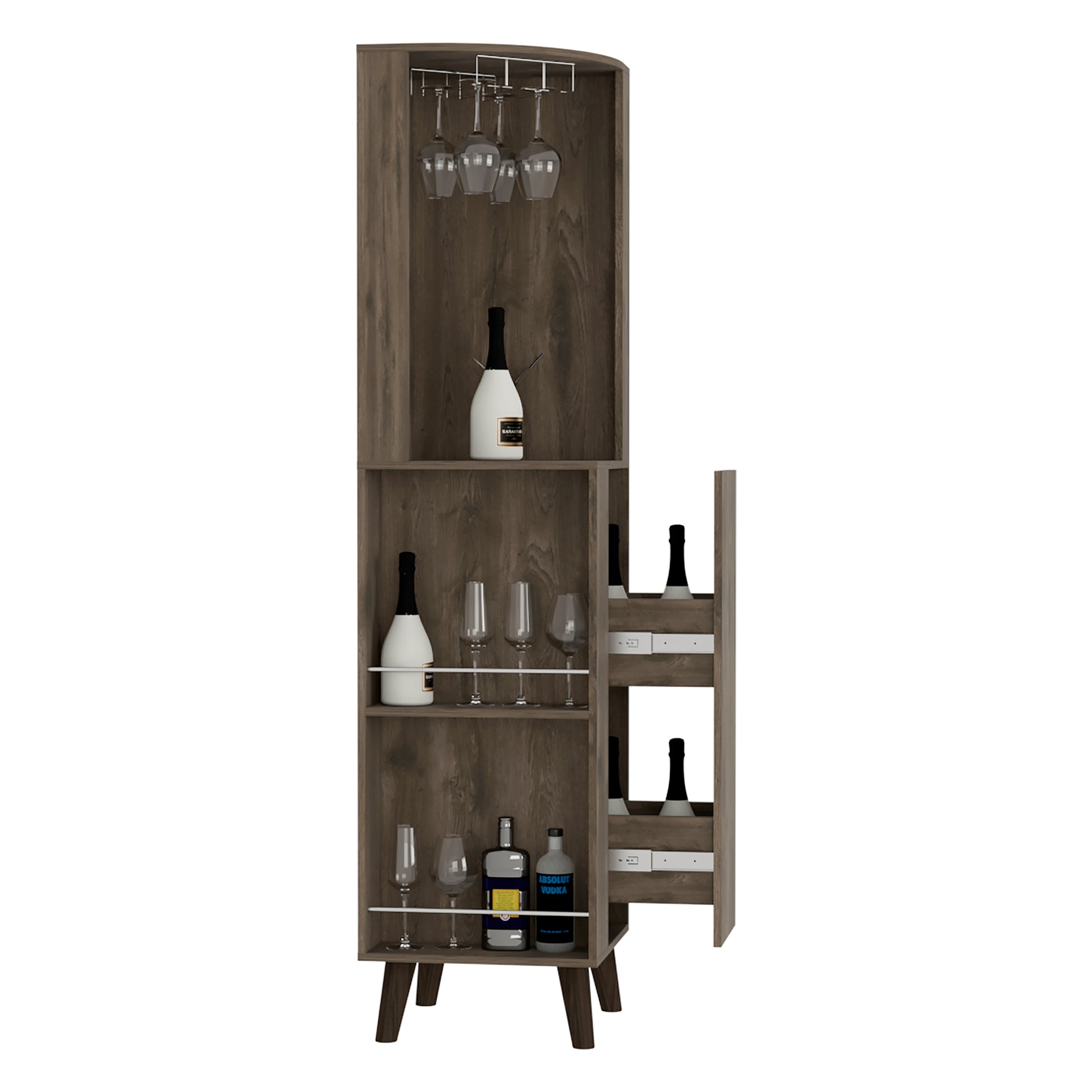 Cincinatti Corner Bar Cabinet, Cup Rack, Two External Shelves, One Drawer, Four Legs Dark Brown Brown Particle Board Particle Board