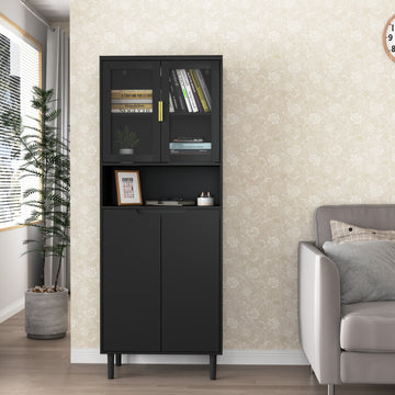 Tall Storage Show Cabinet With 2 Glass Display Door & 2 Doors, Tall Kitchen Pantry Cabinet With Gold Handles, Modern Cabinet Freestanding For Bathroom, Dining Living Room, Black Black Mdf