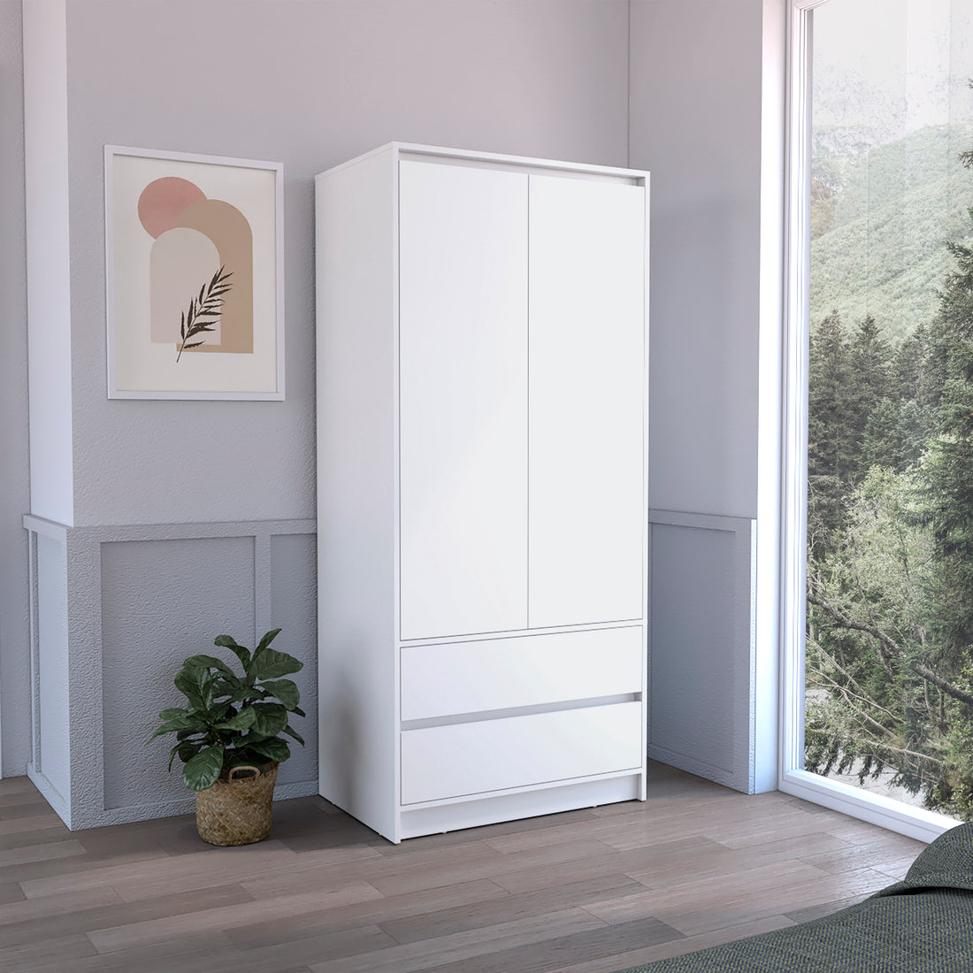 Armoire, Wardrobe Closet With Two Drawers,Hanging Rod, White White Solid Wood Mdf Engineered Wood