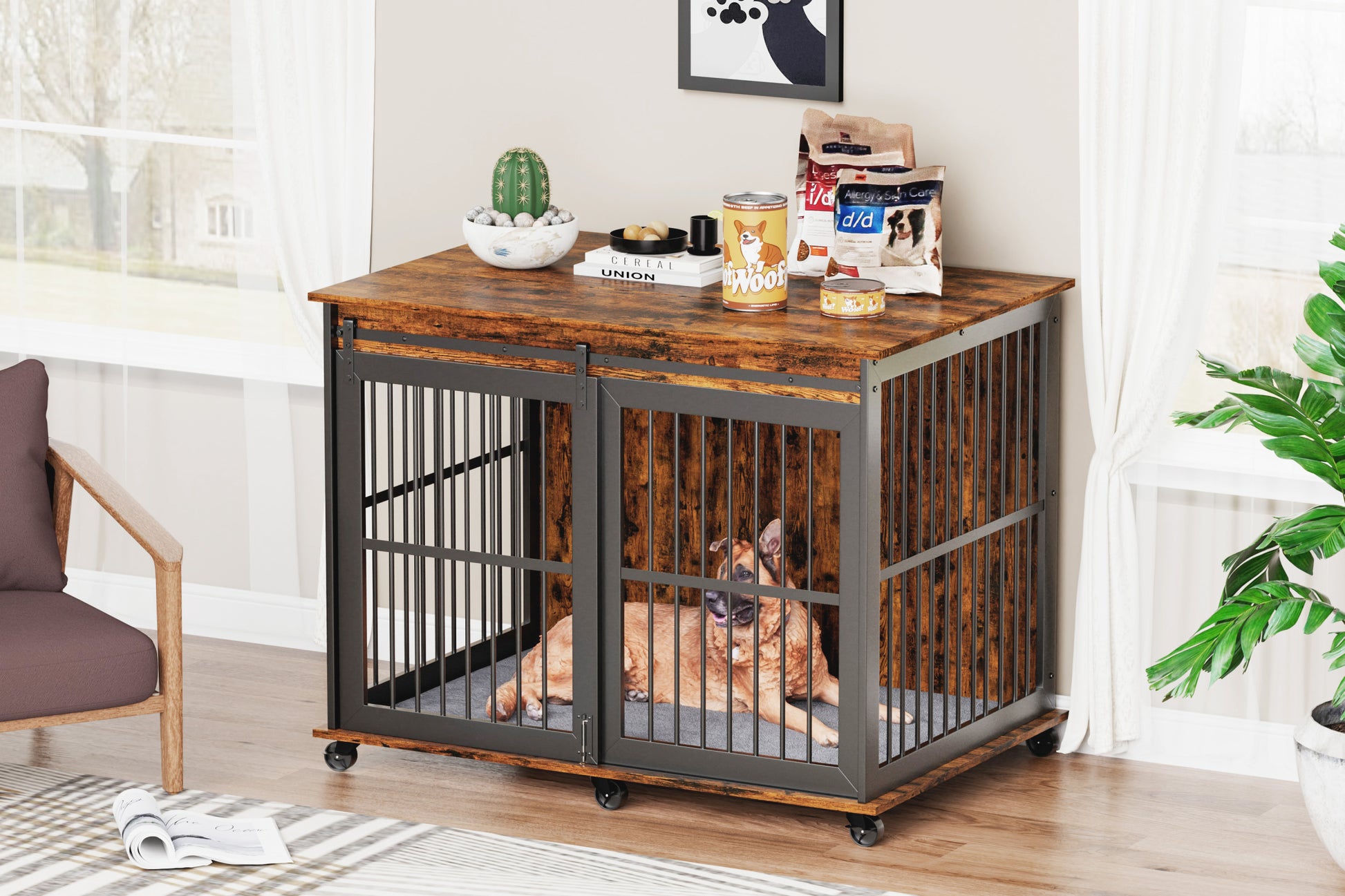 Furniture Dog Crate Sliding Iron Door Dog Crate With Mat. Rustic Brown,43.7''W X 30''D X 33.7''H . Rustic Brown Particle Board