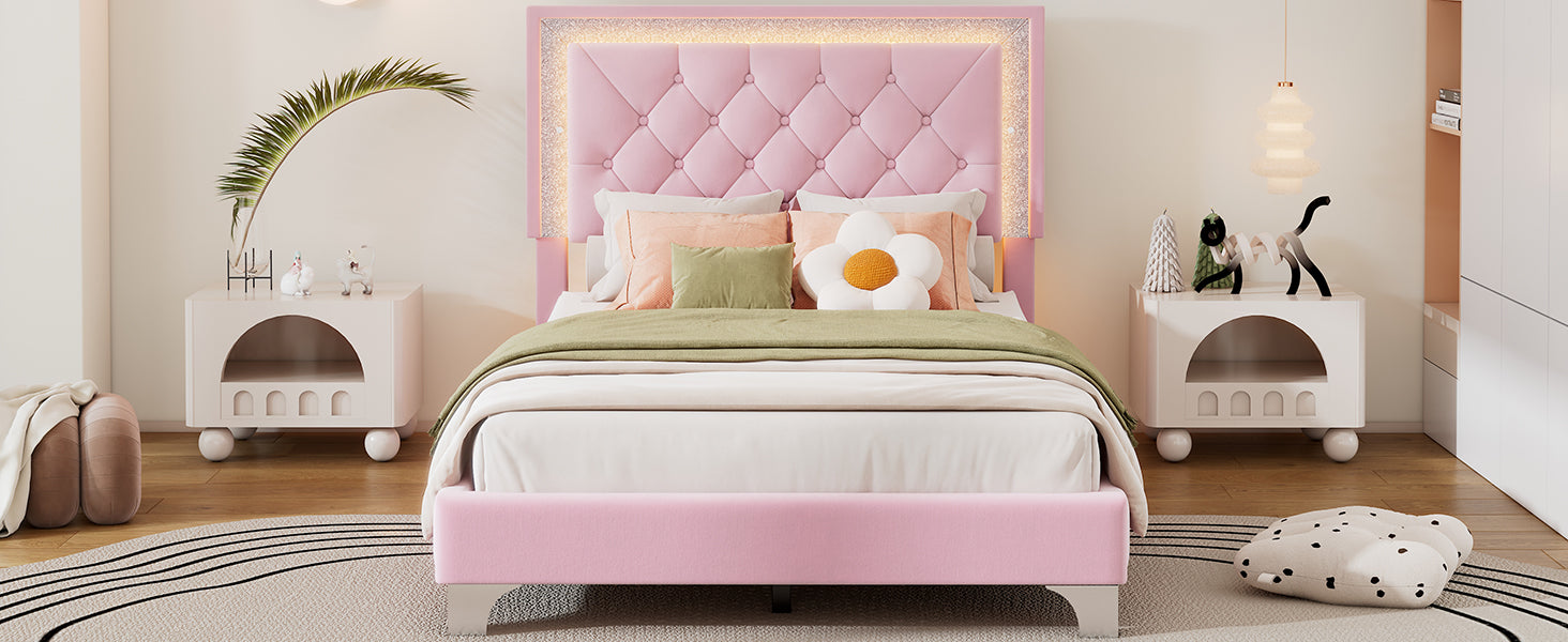 Twin Size Upholstered Bed Frame With Led Lights,Modern Velvet Platform Bed With Tufted Headboard,Pink Twin Pink Velvet