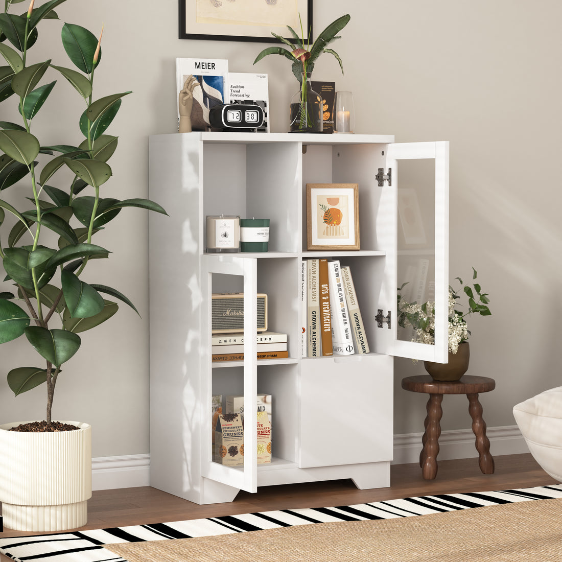 Wooden Floor Cabinet With 2 Glass Doors And 2 Storage Space,White ,Living Room Bathroom Entryway White White Mdf