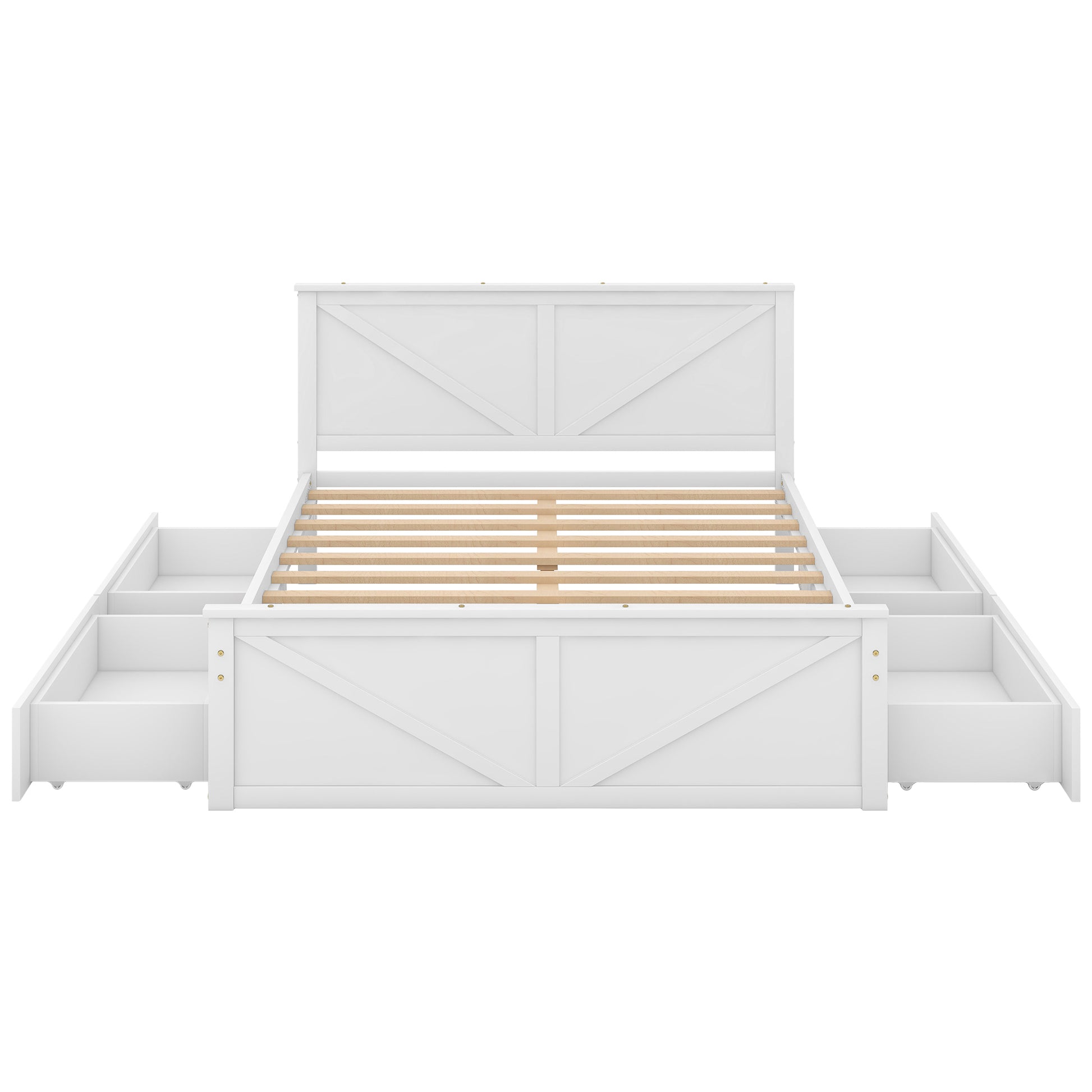 Queen Size Wooden Platform Bed With Four Storage Drawers And Support Legs, White Queen Antique White Pine