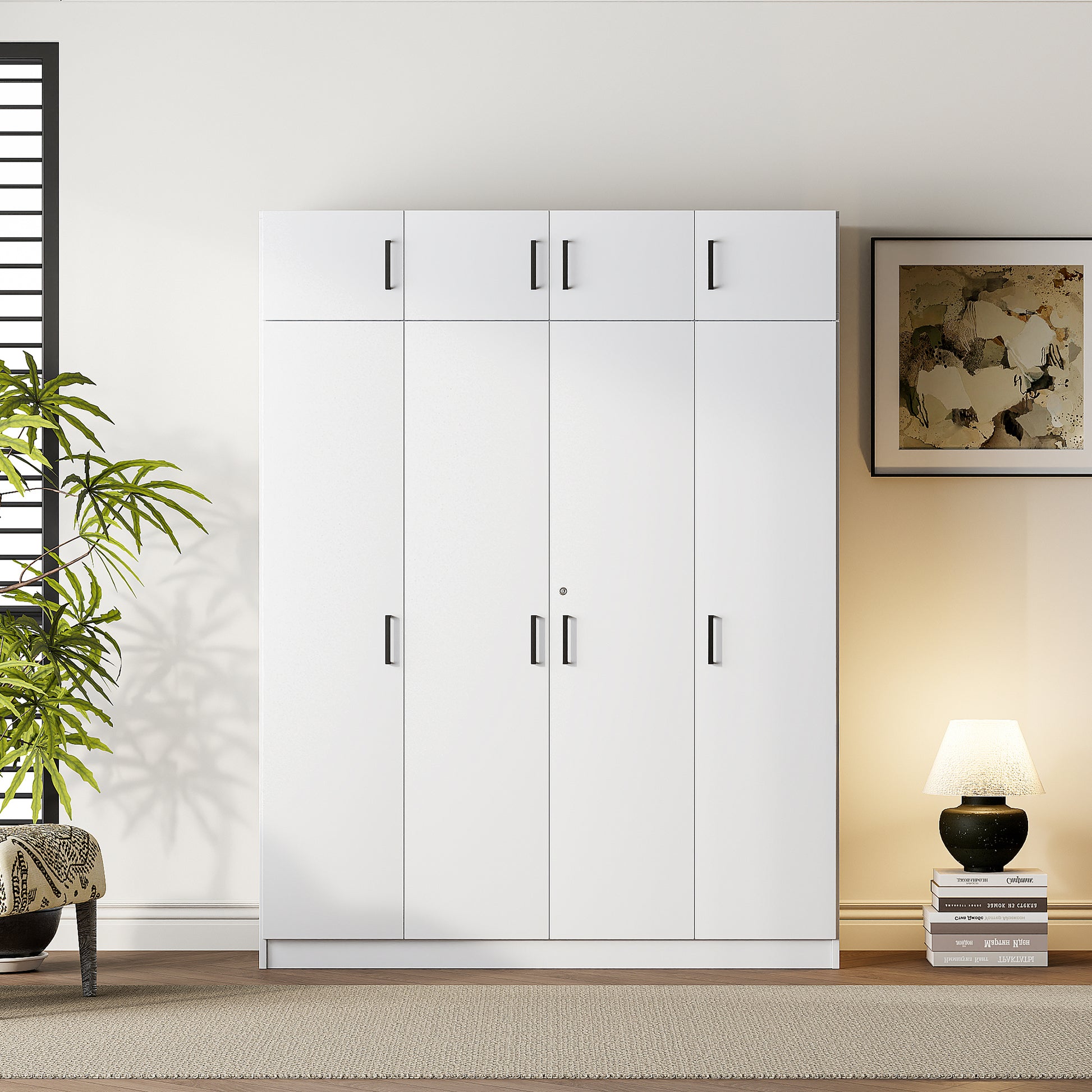 4 Door Wardrobe With 1 Drawer And Top Cabinetwhite White White Bedroom Contemporary Particle Board