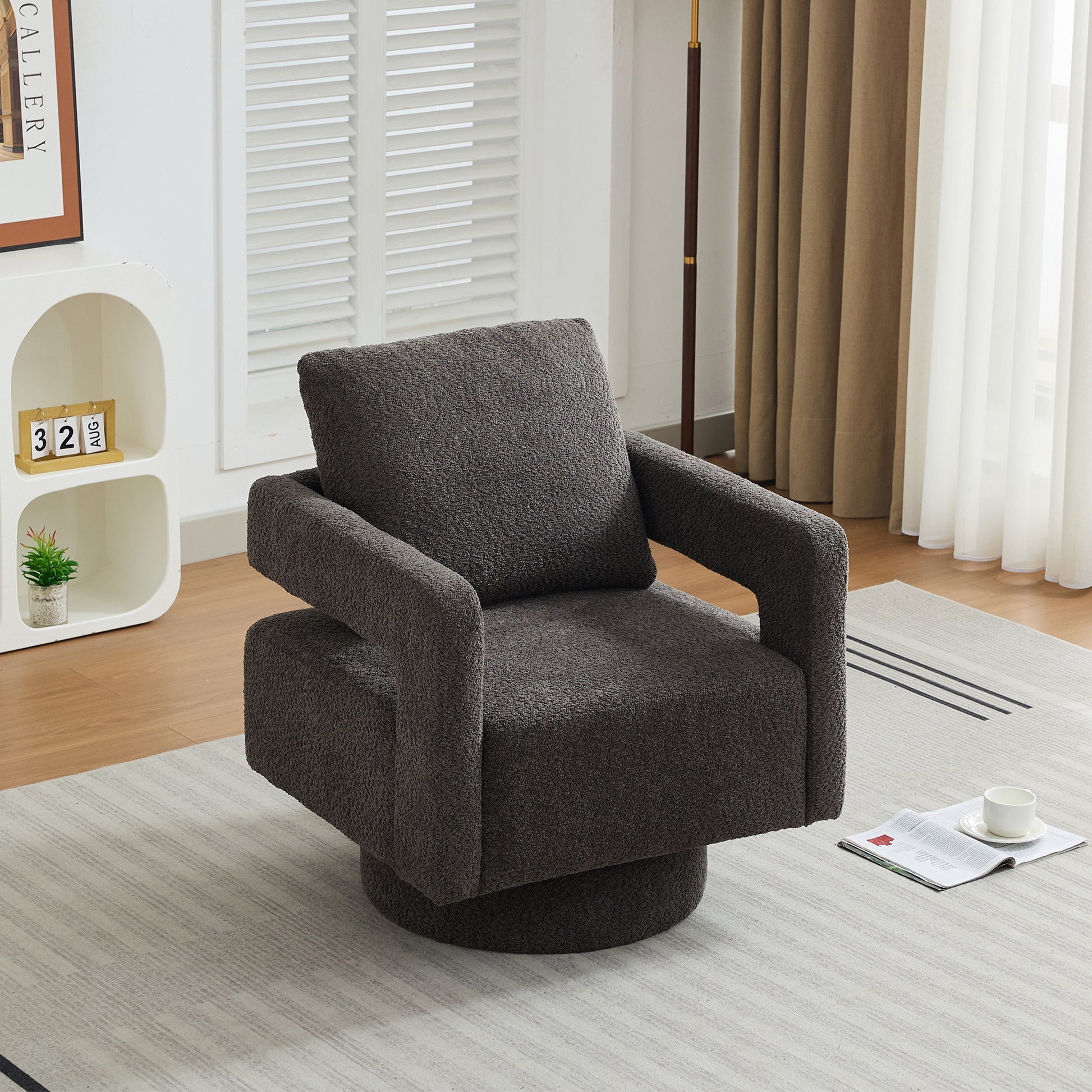 29.13" W Square Swivel Accent Chair, Modern Rotating Arm Chair With Open Back,360 Degree Rotation, Lounge Club Chair With Removable Back Cushion For Living Room, Hotel, Bed Room,Charcoal Charcoal