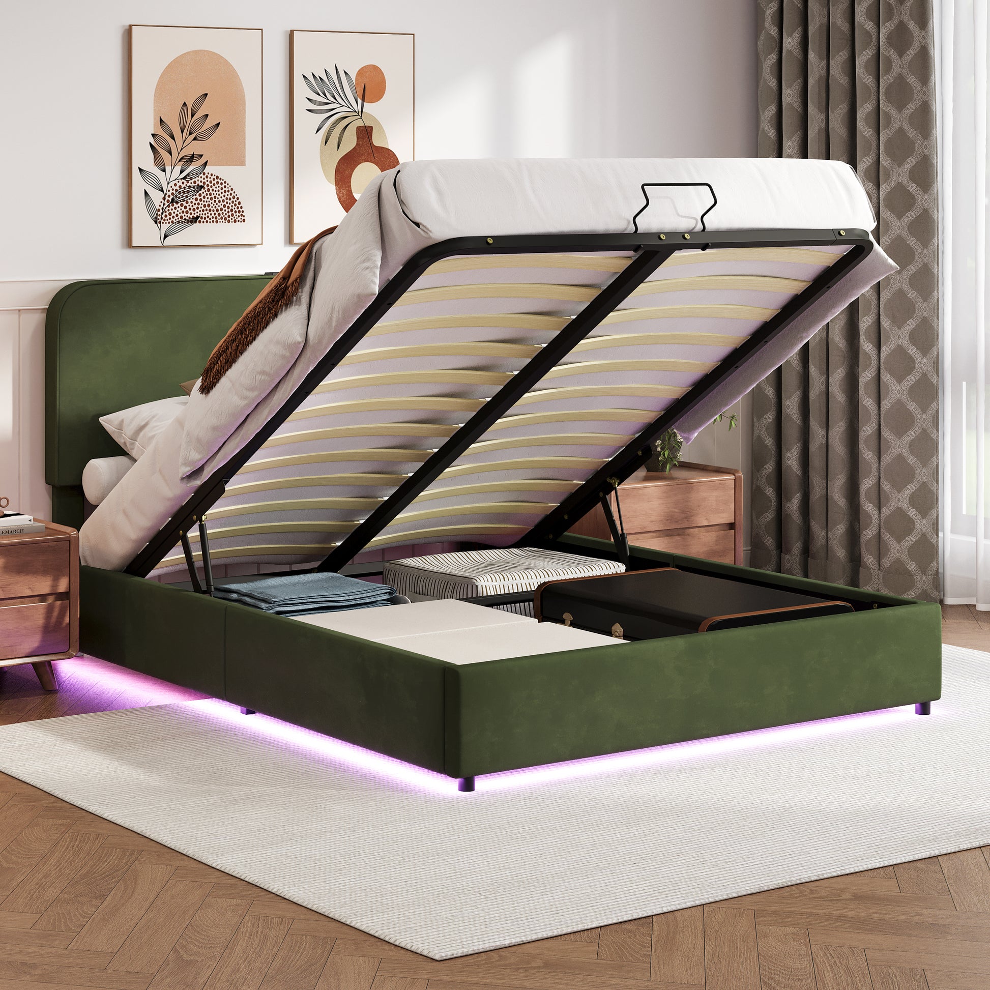 Upholstered Platform Full Size Hydraulic Storage Bed, Lift Up Storage Bed With Rgb Led Light, Bluetooth Speaker, No Box Spring Needed, Lychee Velvet, Green Full Green Velvet Fabric Metal