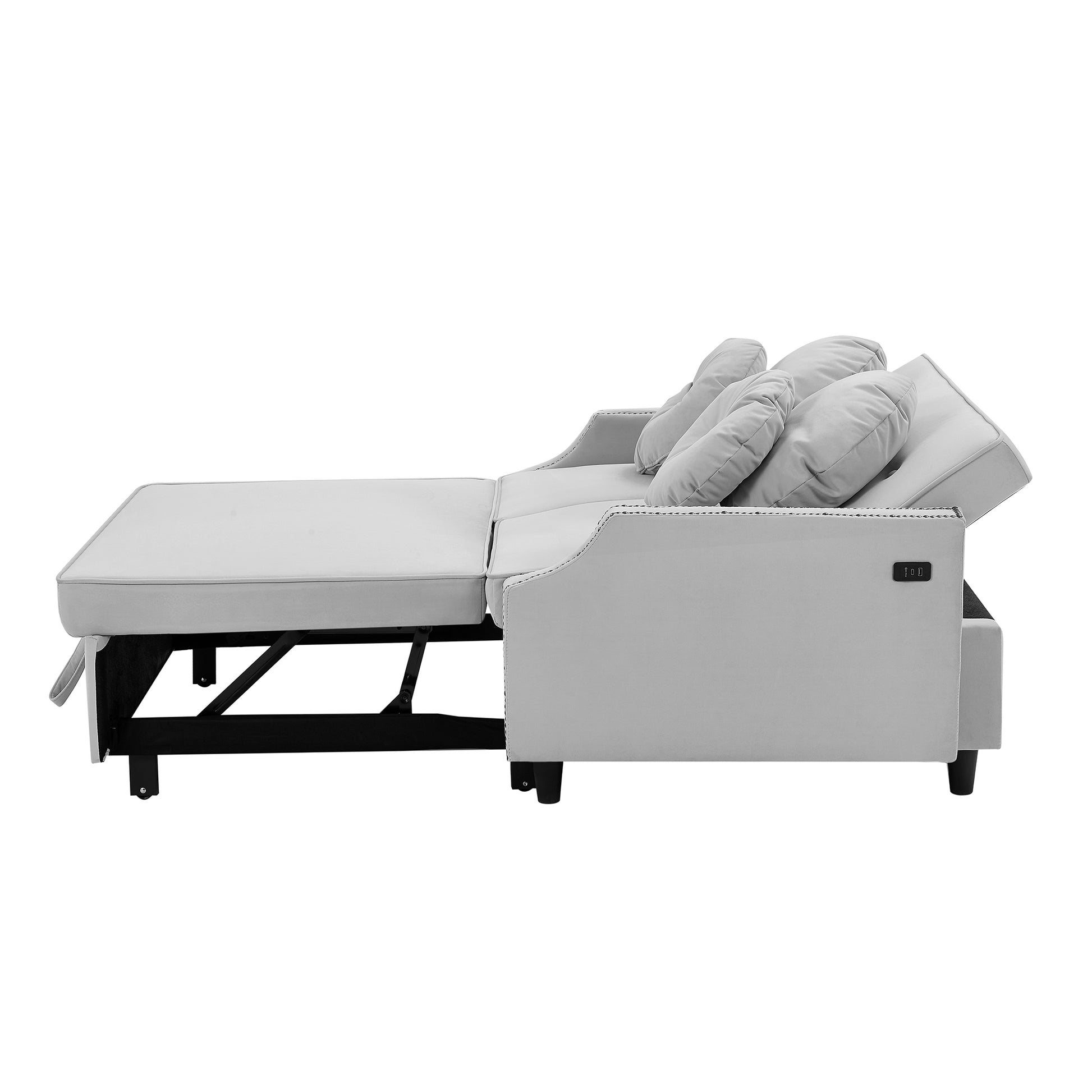 54.7" Multiple Adjustable Positions Sofa Bed Stylish Sofa Bed With A Button Tufted Backrest, Two Usb Ports And Four Floral Lumbar Pillows For Living Room, Bedroom,Or Small Space, Light Grey Light Grey Foam Polyester 2 Seat