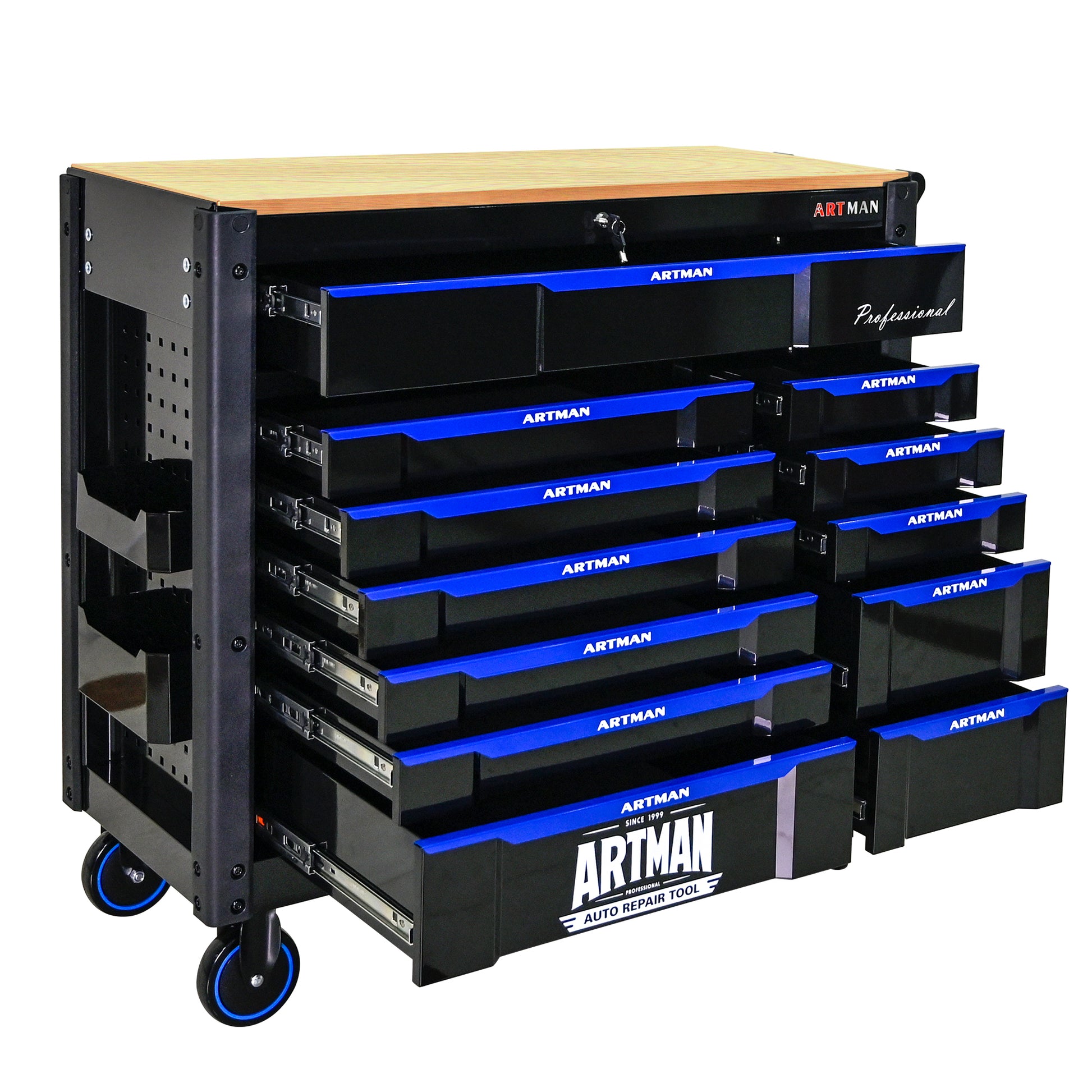 12 Layer Drawer Multi Purpose Tool Car, With Wheels, Wooden Countertops Black Blue Steel