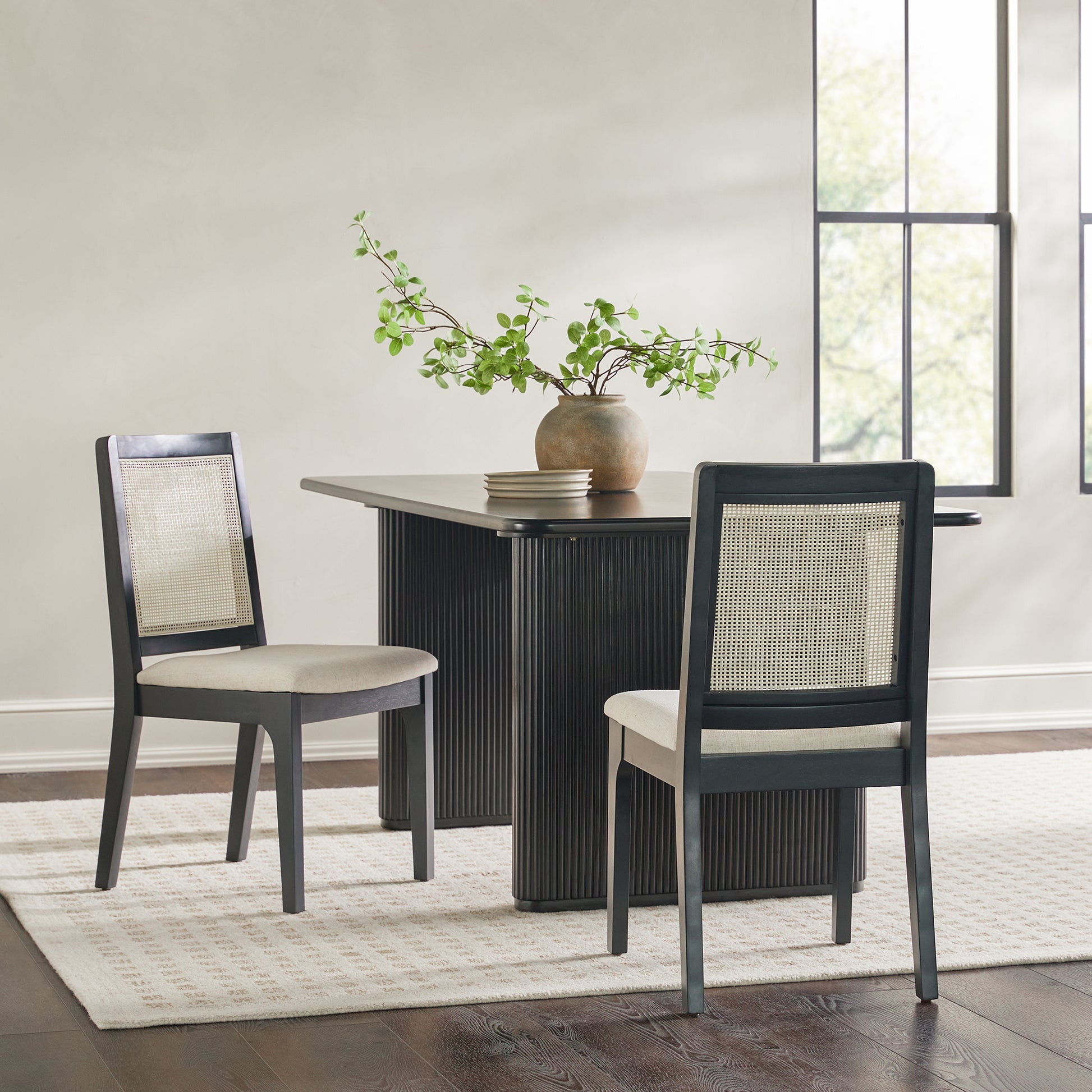 Modern Solid Wood Dining Chair With Rattan Inset Back, Set Of 2, Black Black Foam Wood