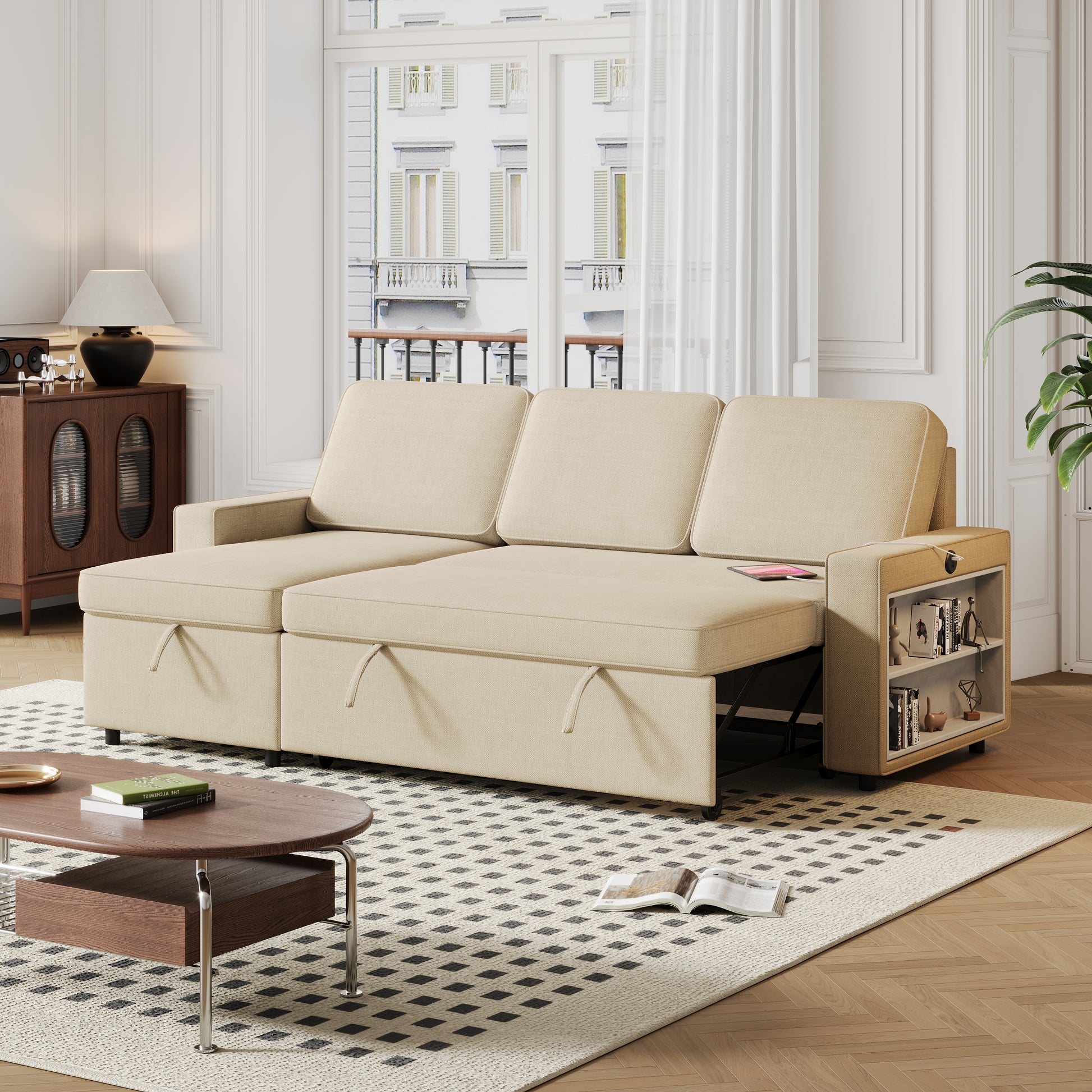 85.8" Pull Out Sleeper Sofa L Shaped Couch Convertible Sofa Bed With Storage Chaise And Storage Racks,With Usb Port And T Pyce Port Beige Fabric 3 Seat