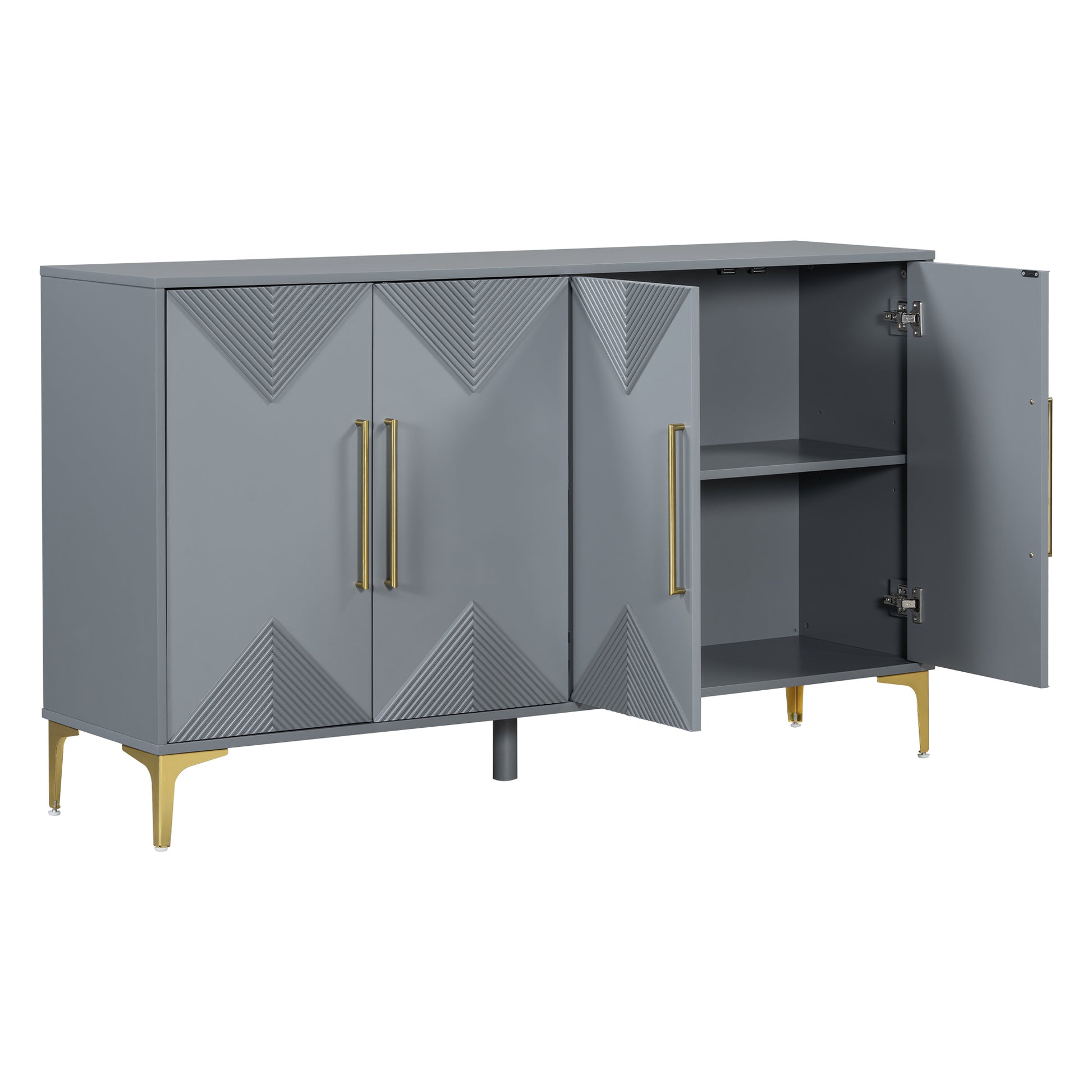 Unique Features Of A Four Door Cabinet With Two Tone Triangular Pattern Doors, Suitable For Entryway, Hallway, Living Room 3 4 Spaces Grey Primary Living Space Adjustable Shelves Artsy,Contemporary Mdf