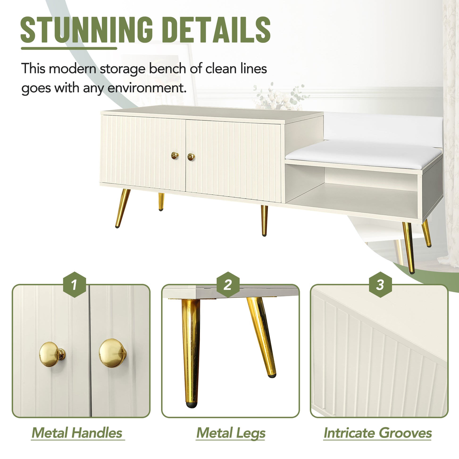 Modern Shoe Storage Bench With Hidden Storage And Upholstered Cushions For Bedside, Living Room And Entryway Antique White Antique White Mdf Metal