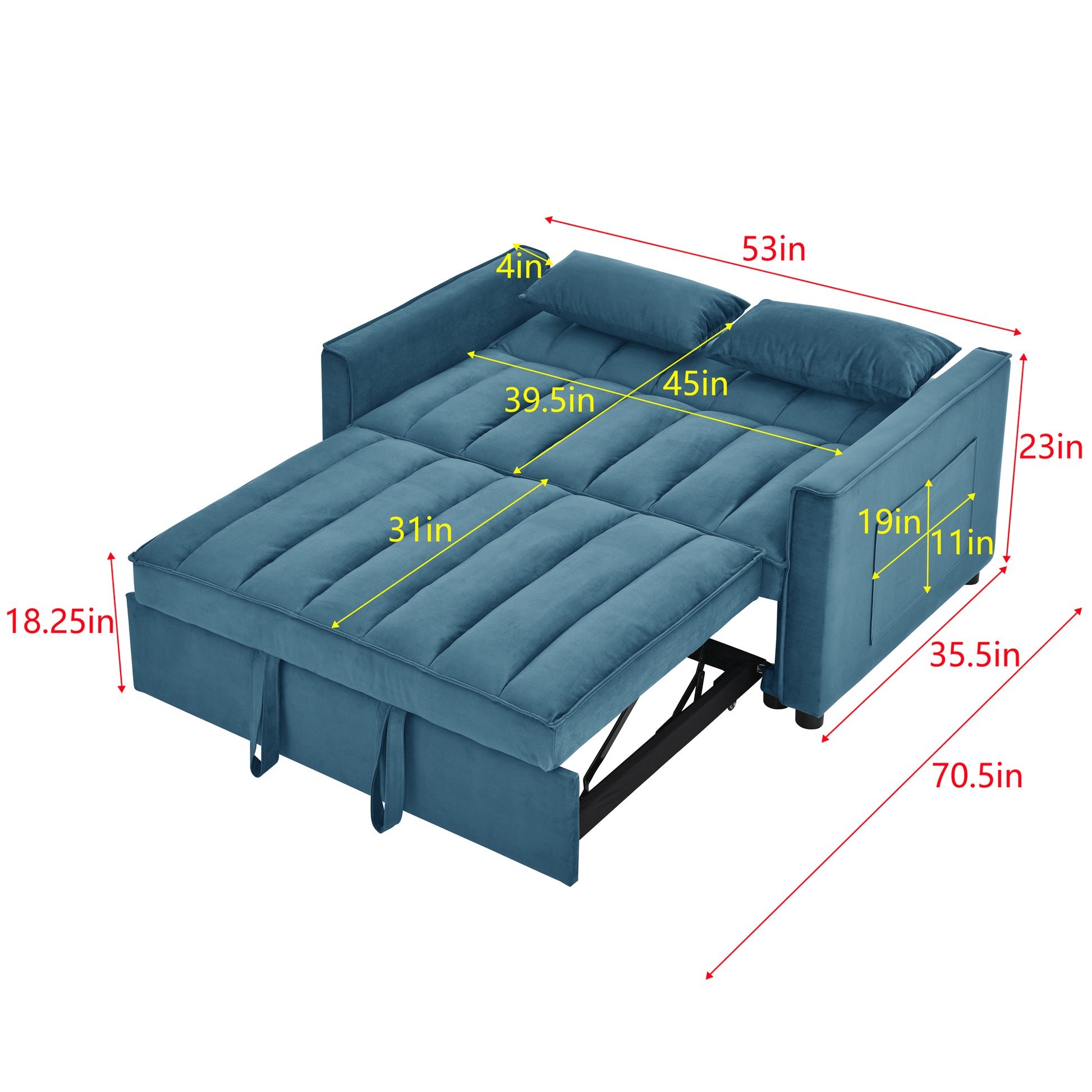 Modern Velvet Seat Sofa Couch Pull Out Bed,3 In One Convertible For Living Room Sofa Bed,Blue Blue Velvet Primary Living Space Cushion Back Medium Soft Medium Duty American Design Pillow Top Arms Foam Velvet 2 Seat