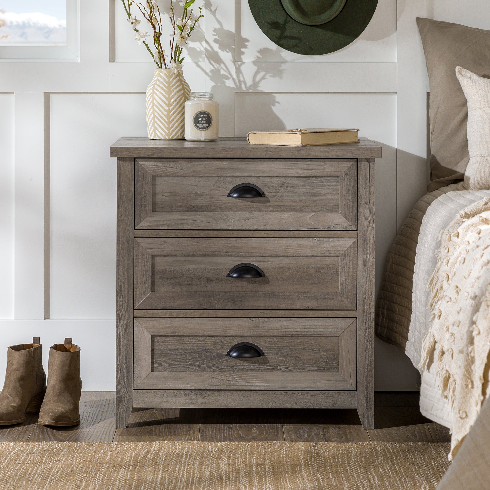 Transitional Farmhouse Framed 3 Drawer Nightstand With Cup Handles Grey Wash Gray Wash Mdf