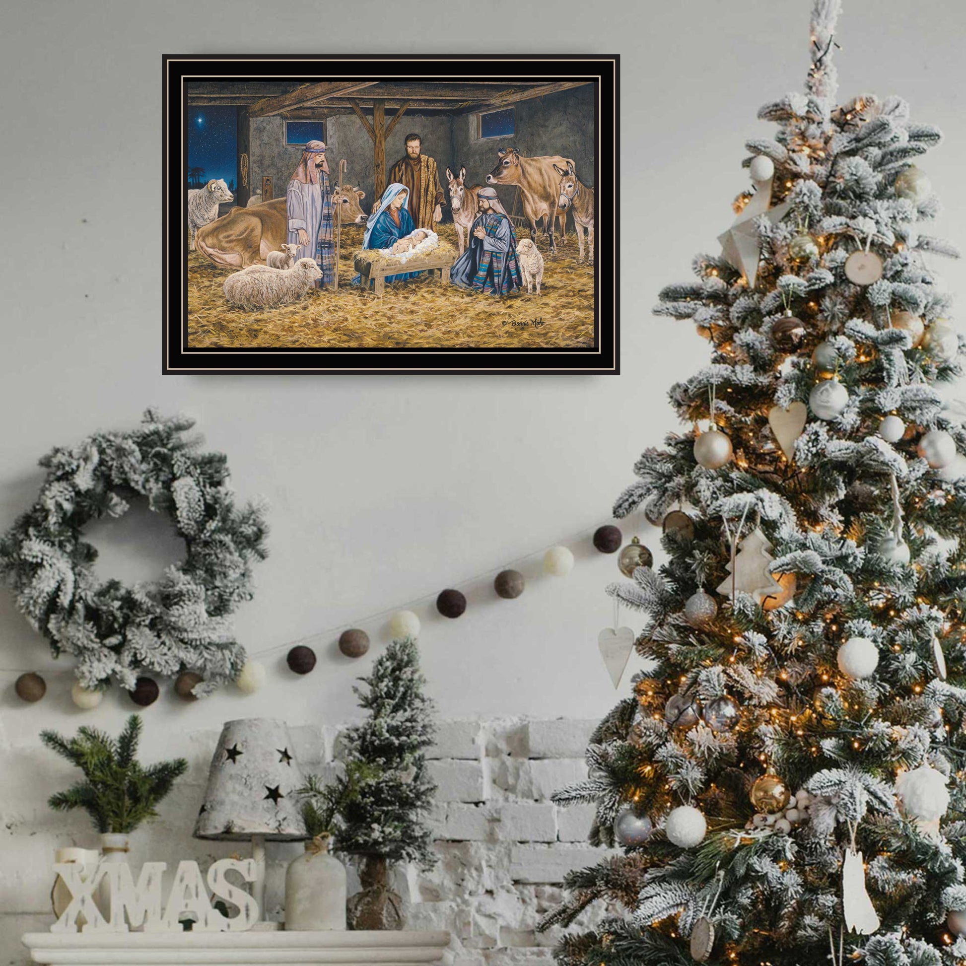 The Greatest Gift Of All The Birth Of Christ Black Framed Wall Art For Living Room, Nativity Wall Art Print For Home Decor, Bedroom Wall Art By Bonnie Mohr Multicolor Wood Paper