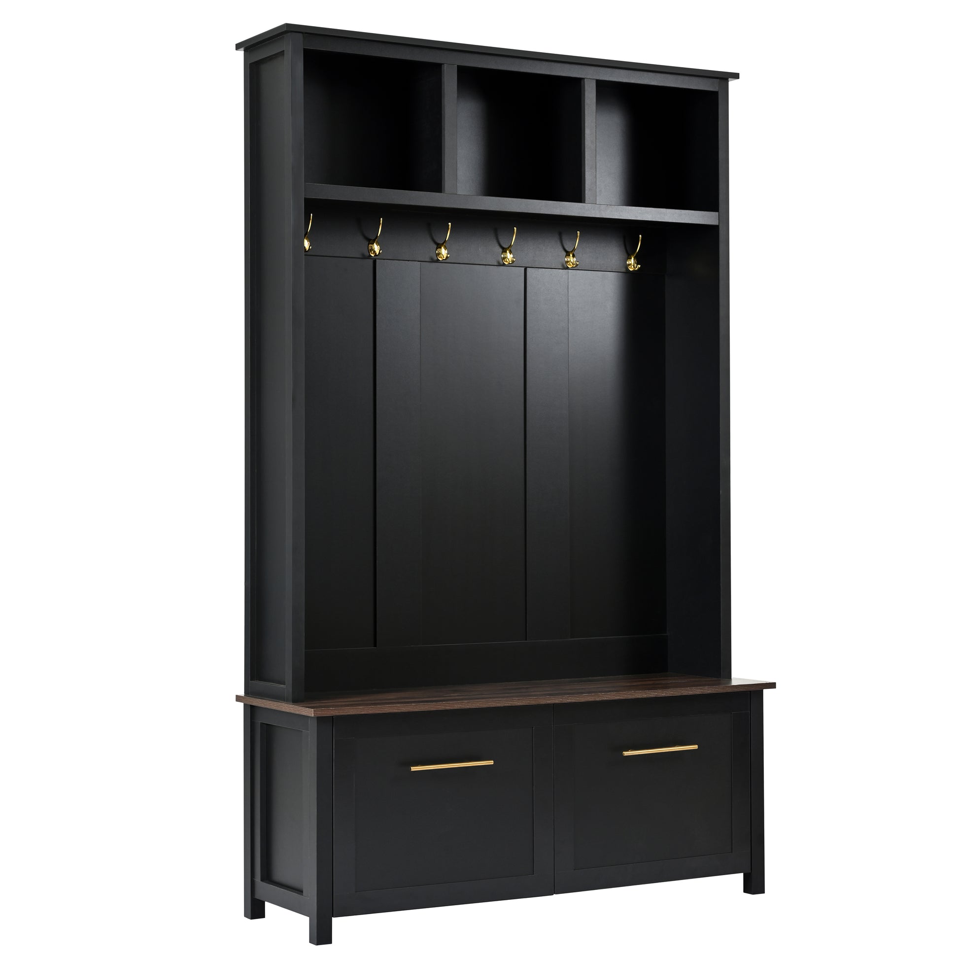 Versatile 4 In 1 Hall Tree With 6 Golden Hooks, Brown Wood Grain Bench With Multiple Storage Space, Entryway Coat Rack With 2 Drawers For Living Room, Hallway, Black, 47.2''W*76.6''H Black Primary