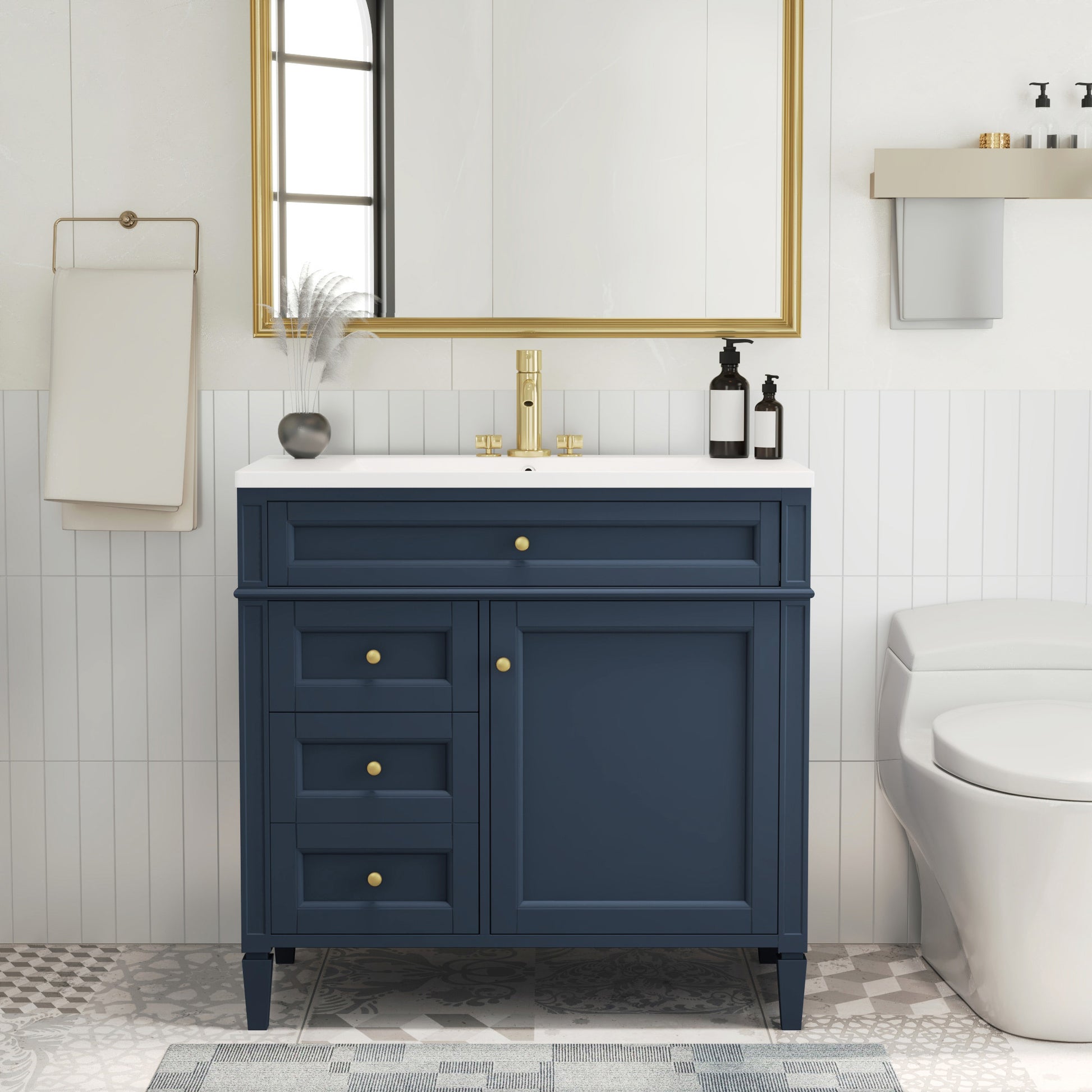 36'' Bathroom Vanity With Top Sink, Modern Bathroom Storage Cabinet With 2 Drawers And A Tip Out Drawer, Single Sink Bathroom Vanity 3 Blue 1 1 Adjustable Hinges Bathroom Freestanding Solid Wood Mdf Painted