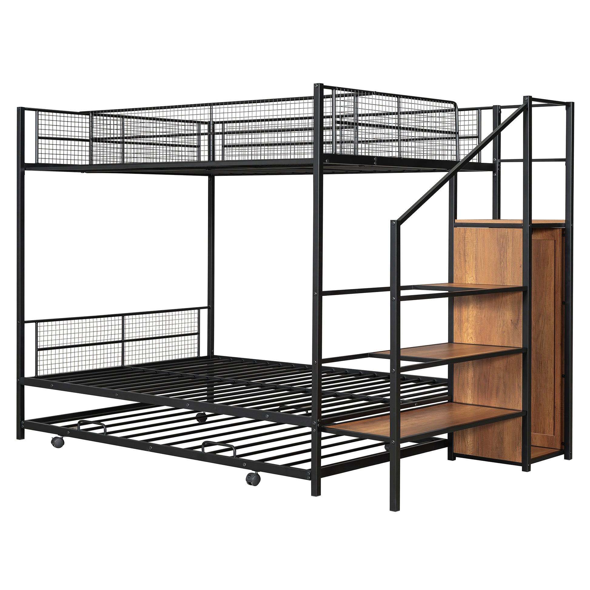 Twin Over Full Metal Bunk Bed With Trundle And Lateral Storage Ladder And Wardrobe, Black Black Metal