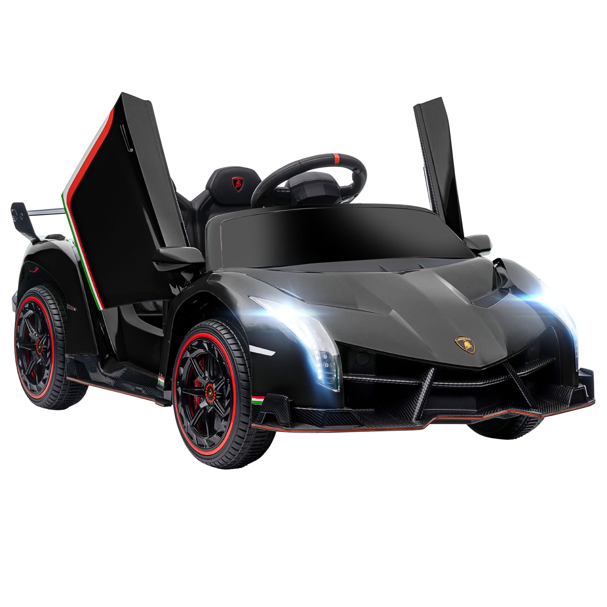 Aosom Lamborghini Veneno Licensed Kids Electric Car With Bluetooth, 12V Ride On Car With Butterfly Doors, Remote Control, Portable Battery, Suspension System, Horn, Songs, Lights, Black Black