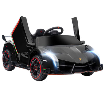 Aosom Lamborghini Veneno Licensed Kids Electric Car With Bluetooth, 12V Ride On Car With Butterfly Doors, Remote Control, Portable Battery, Suspension System, Horn, Songs, Lights, Black Black