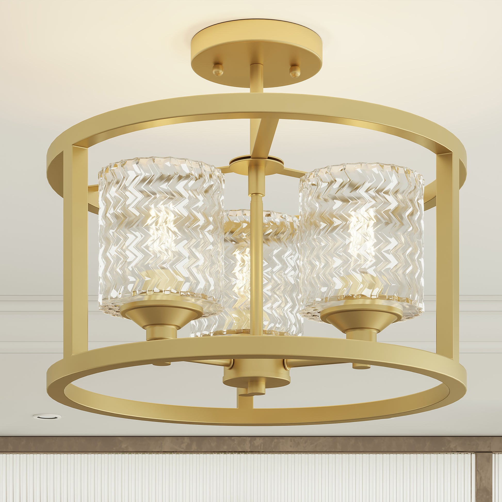 3 Light Kitchen Glass Steel Dimmable Semi Flush Mount Antique Brass Ceiling Lights Steel Metal